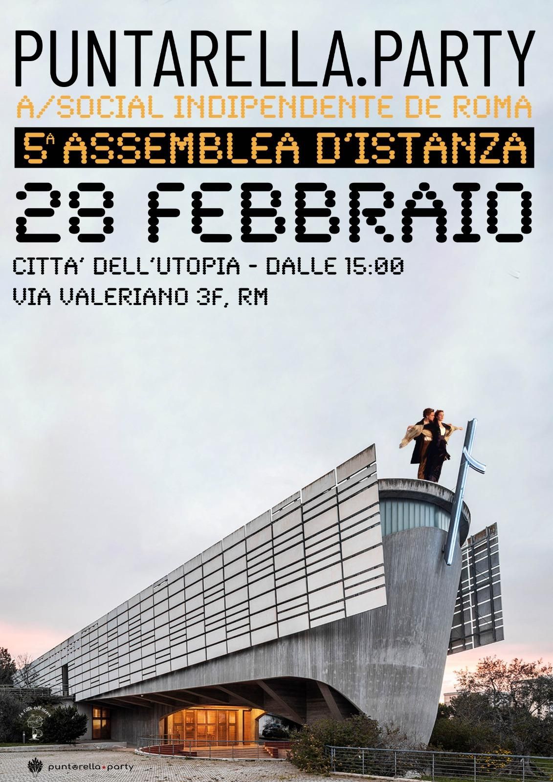 Sulla locandina è raffigurata una delle bellissime chiese brutte apparse sul mitico calendario, quella che sembra una nave brutalfuturistica. A prua, sull'esterno, c'è una croce, e sull'interno c'è la coppia di Titanic che si ama e fa finta di volare e prende il fresco prima del disastro. Sopra la nave ci sono le informazioni sull'assemblea già scritte nel post.