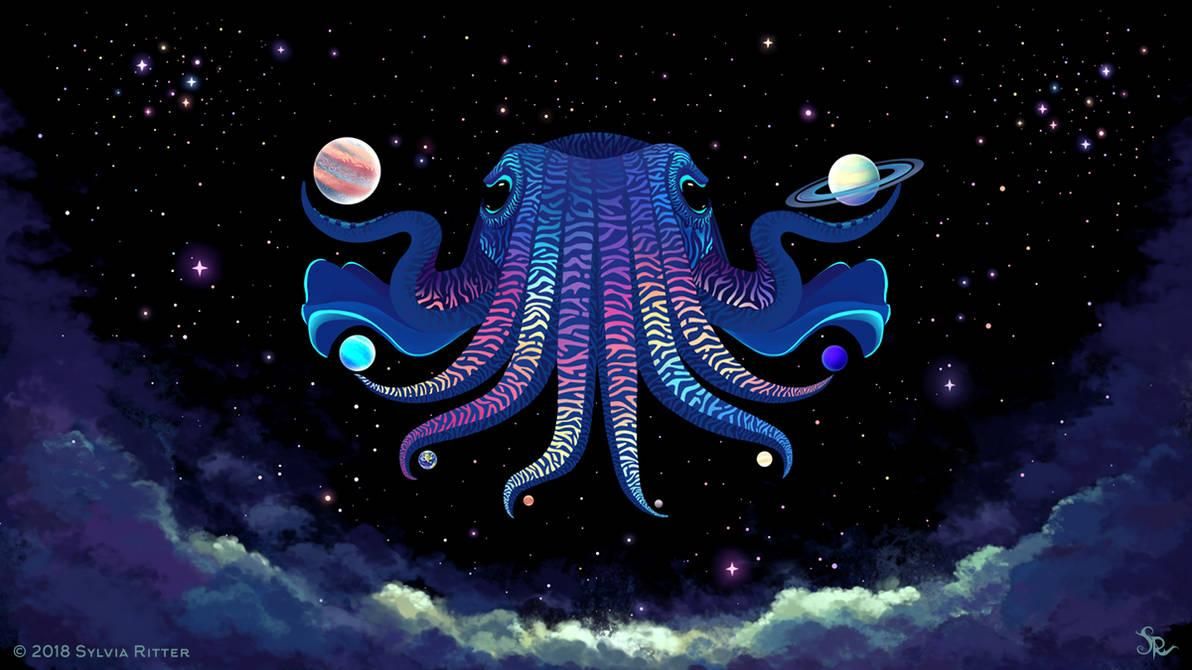 Cosmic Cuttlefish was inspired by the Ubuntu release name 18.10. A cute and colorful cuttlefish portrait. Protecting planets with its eight arms. Swimming through space surrounded by stars and puffy clouds. https://www.deviantart.com/sylviaritter/art/Cosmic-Cuttlefish-766515479