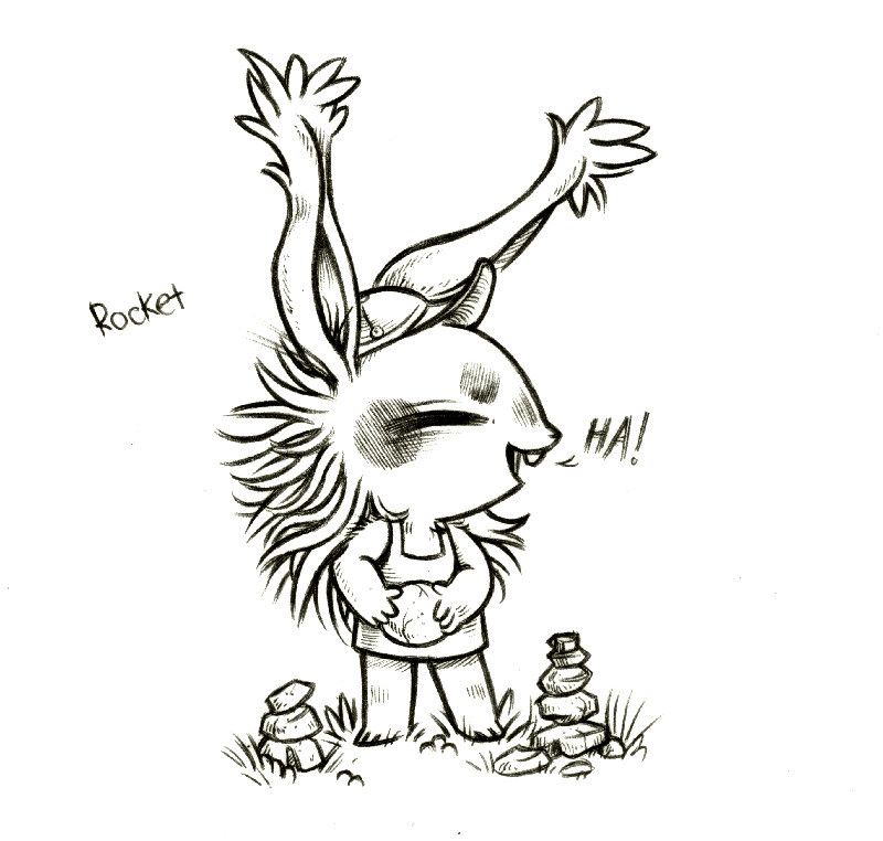 a drawing of a young humanoid rabbit named Rocket. Rocket is wearing a cap, a dress, their hair is long and wild, they are ginning while holding a rock, saying, "HA!"
2 stacks of rocks are laying near them.