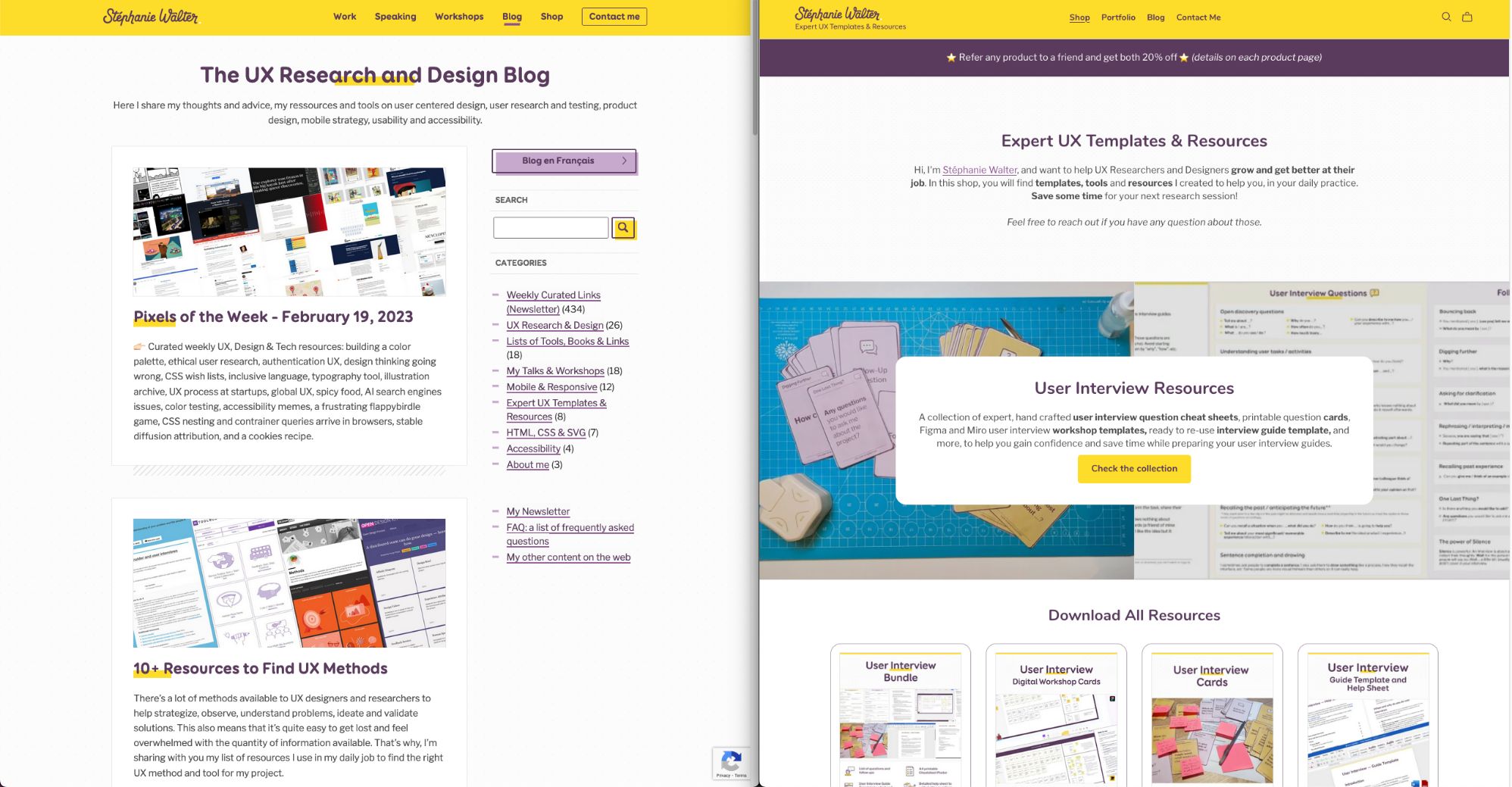 Screenshot of the blog and the shop