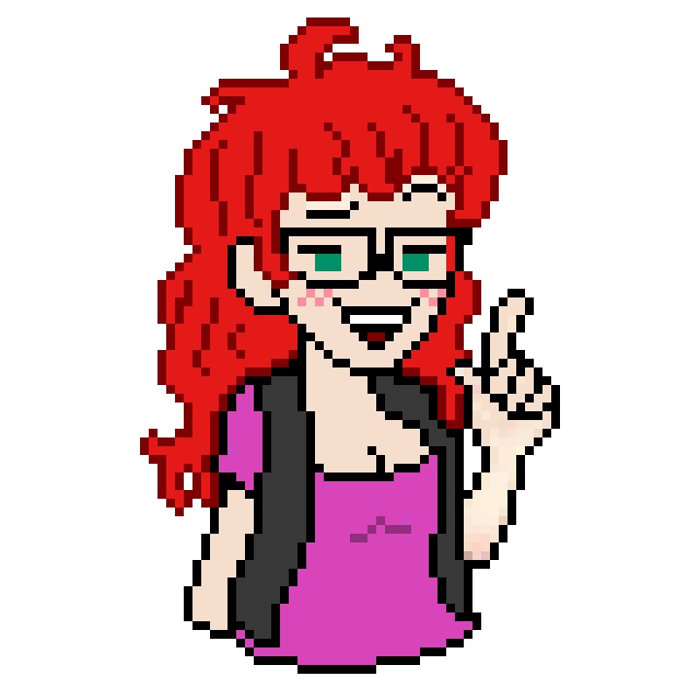 A red-haired punk smiling smugly as she points her finger in the air. she's wearing glasses, a pink low-cut shirt and a grey battle vest.