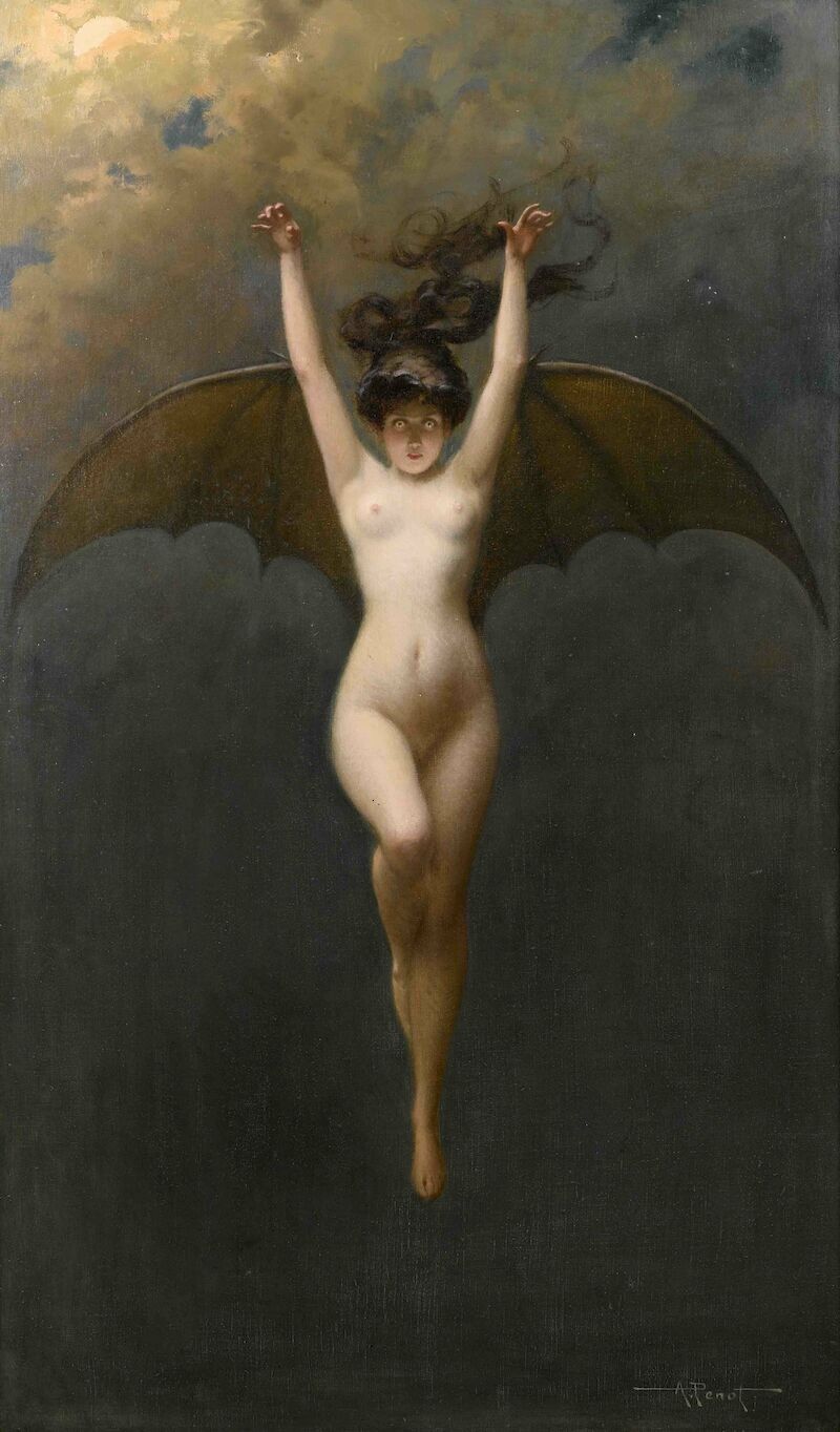 A painting,  La Femme Chauve-Sourisby by Albert Joseph Pénot (1890), of a nude woman with upwardly flowing dark hair and ochre colored bat wings. She is suspended midair, her arms raised above her head as if ready to cast some immense power. One leg is cast straight down while the other is bent at the knee. Her eyes are wide open and are staring with a confident intensity at the viewer. The background is a darkened cloudscape.