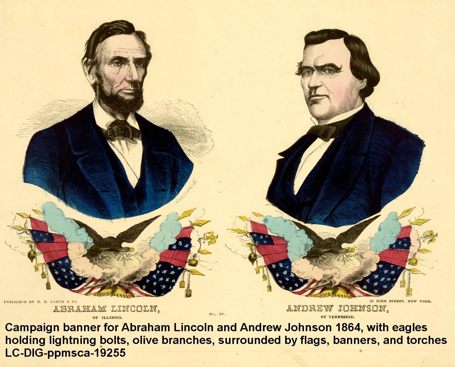 Photo shows a campaign banner for President Lincoln and Andrew Jackson from the Library of Congress, circa 1864.