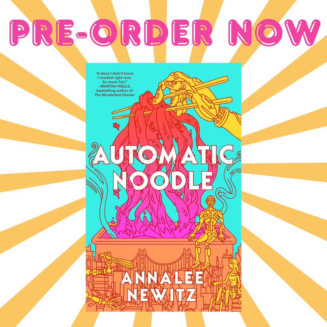 A picture of the book cover for Automatic Noodle, which shows a yellow robotic hand holding chopsticks that are overflowing with biang biang noodles in rainbow colors. The noodles are coming out of a box that blends into pictures of the Golden Gate Bridge, and robots cooking.