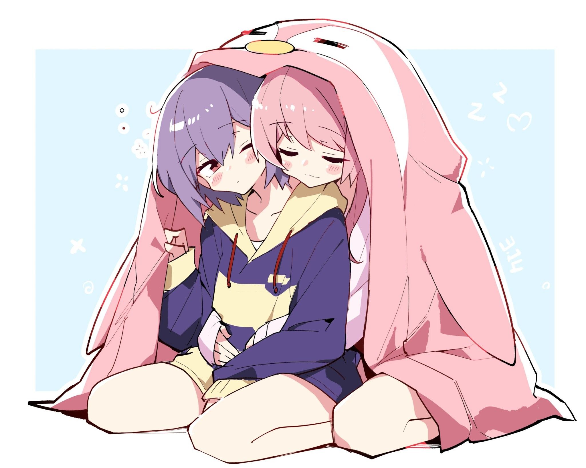 Danbooru tags: 2girls :3 bang_dream! bang_dream!_it's_mygo!!!!! blue_background border chihaya_anon chinese_commentary commentary_request dated grey_hair highres hug hug_from_behind long_hair multiple_girls outside_border pink_hair red_eyes shirt short_hair sitting sleeves_past_wrists squeans takamatsu_tomori white_border white_shirt yuri zhanzhangzlw