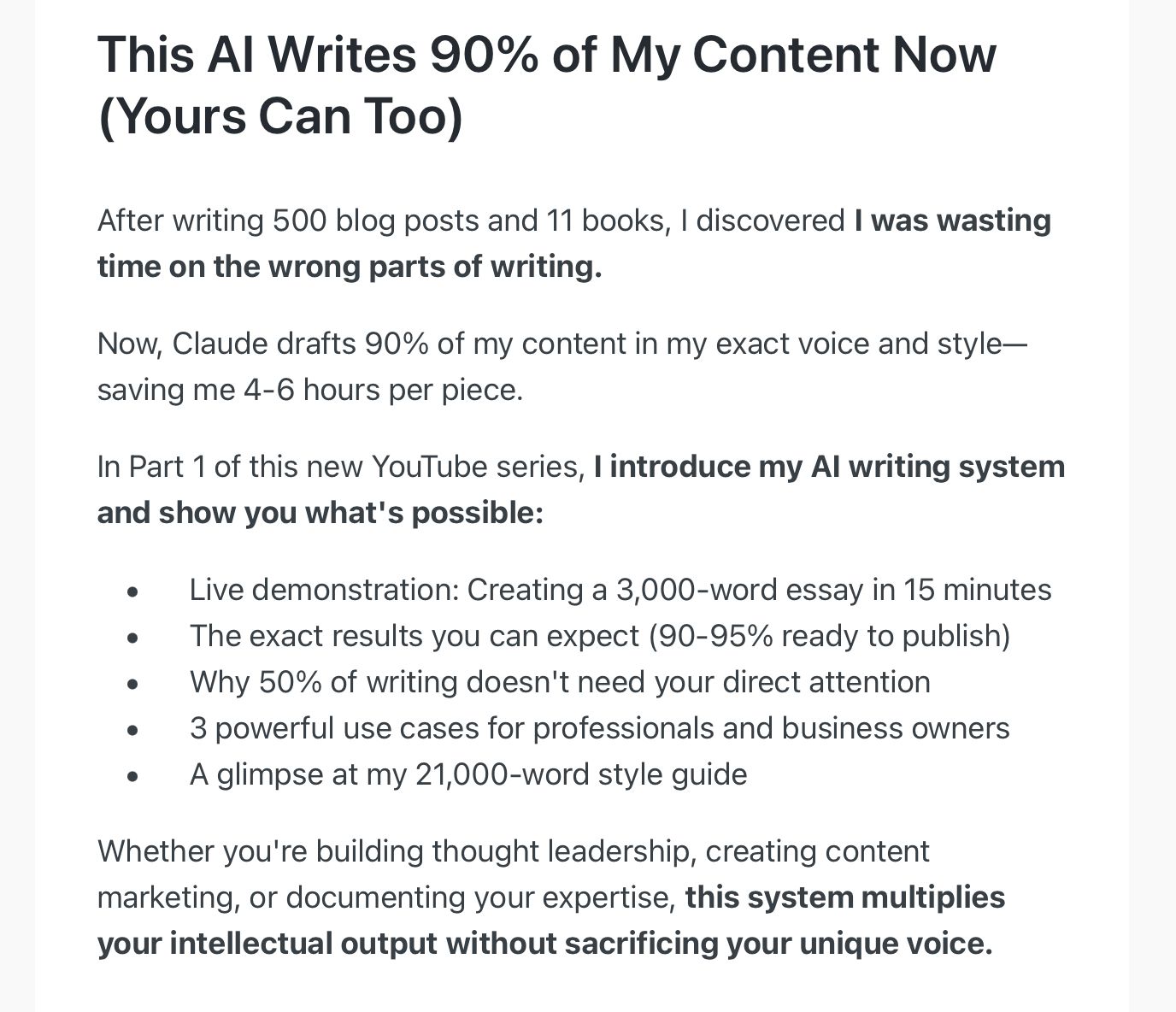 Screenshot of an email with the headline “This Al Writes 90% of My Content Now (Yours Can Too)” and more drivel about how his video will show you how to get Claude to do what he does.