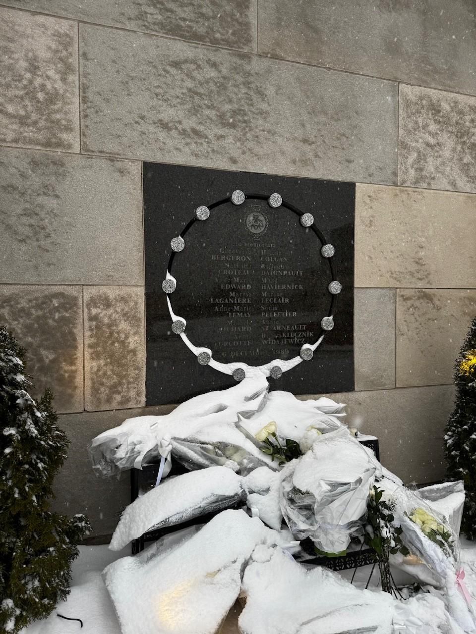 The plaque at the Polytechnique Montréal listing the names of the 14 murdered women on 6 December 1989. I have listed the names in a reply post.

The plaque is dark in colour, with 14 grey stones forming a circle.

There are flowers at the base of the plaque in memoriam to those 14 people.