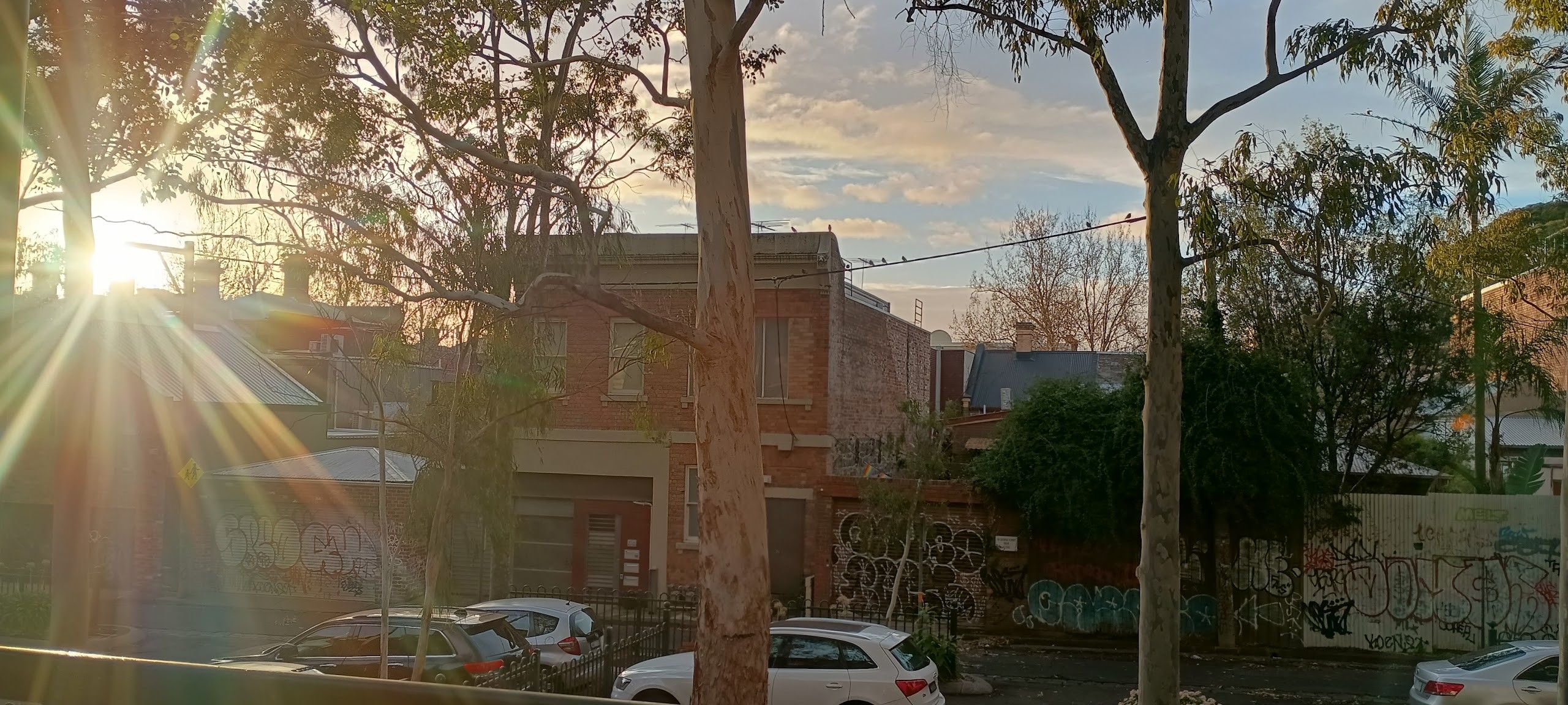 A photo from my bedroom balcony showing the lane: buildings, trees, my carpark.

The sun is far to the left (north) of frame