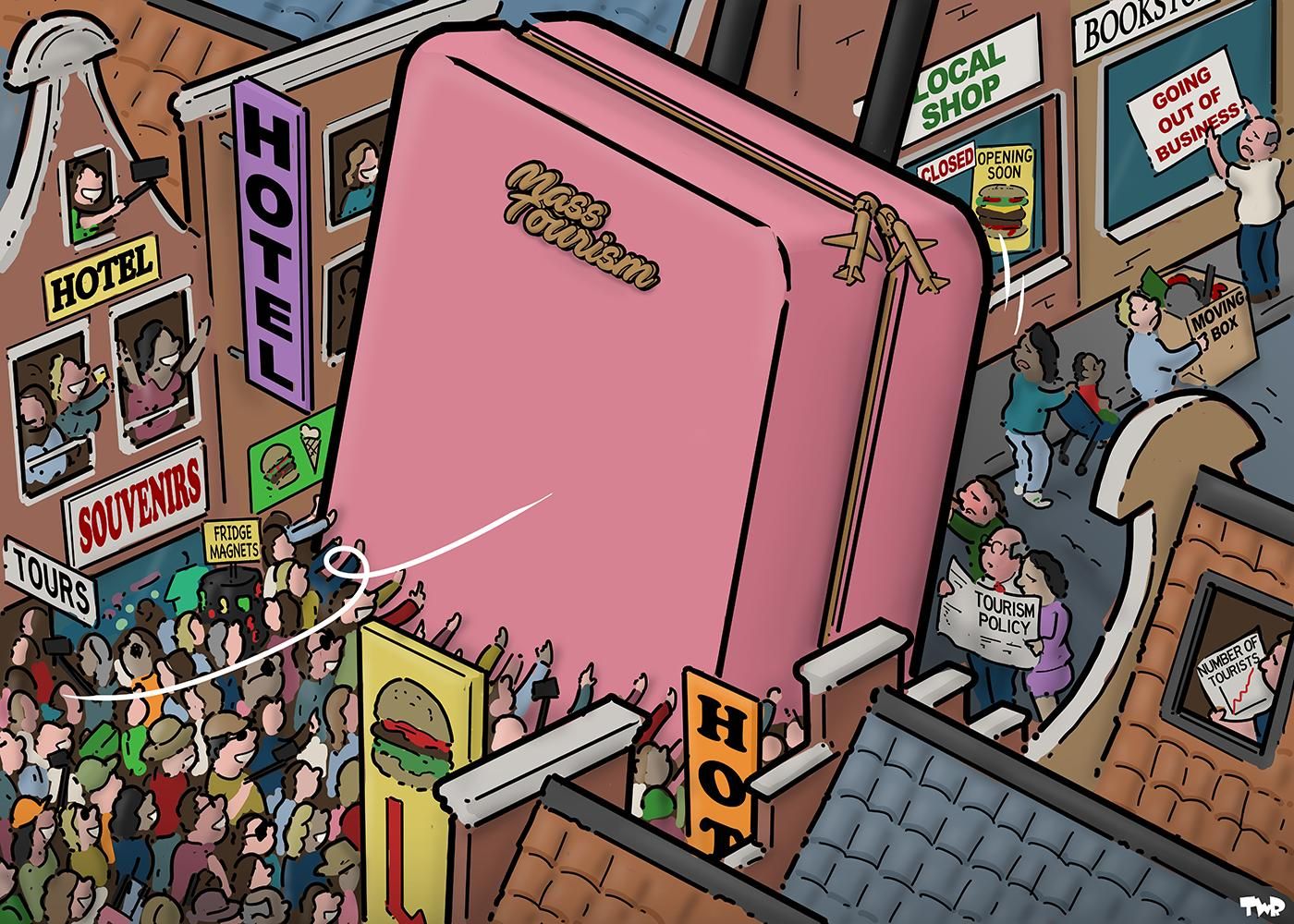 Cartoon showing a massive travel trolley rolling down an Amsterdam street, being pushed by a massive horde of tourists. On the side of the tourists, the street is full of hotels, souvenir shops and burger restaurants. On the other side, local shops are going out of business (to be taken over by new burger restaurants) and people are moving out.