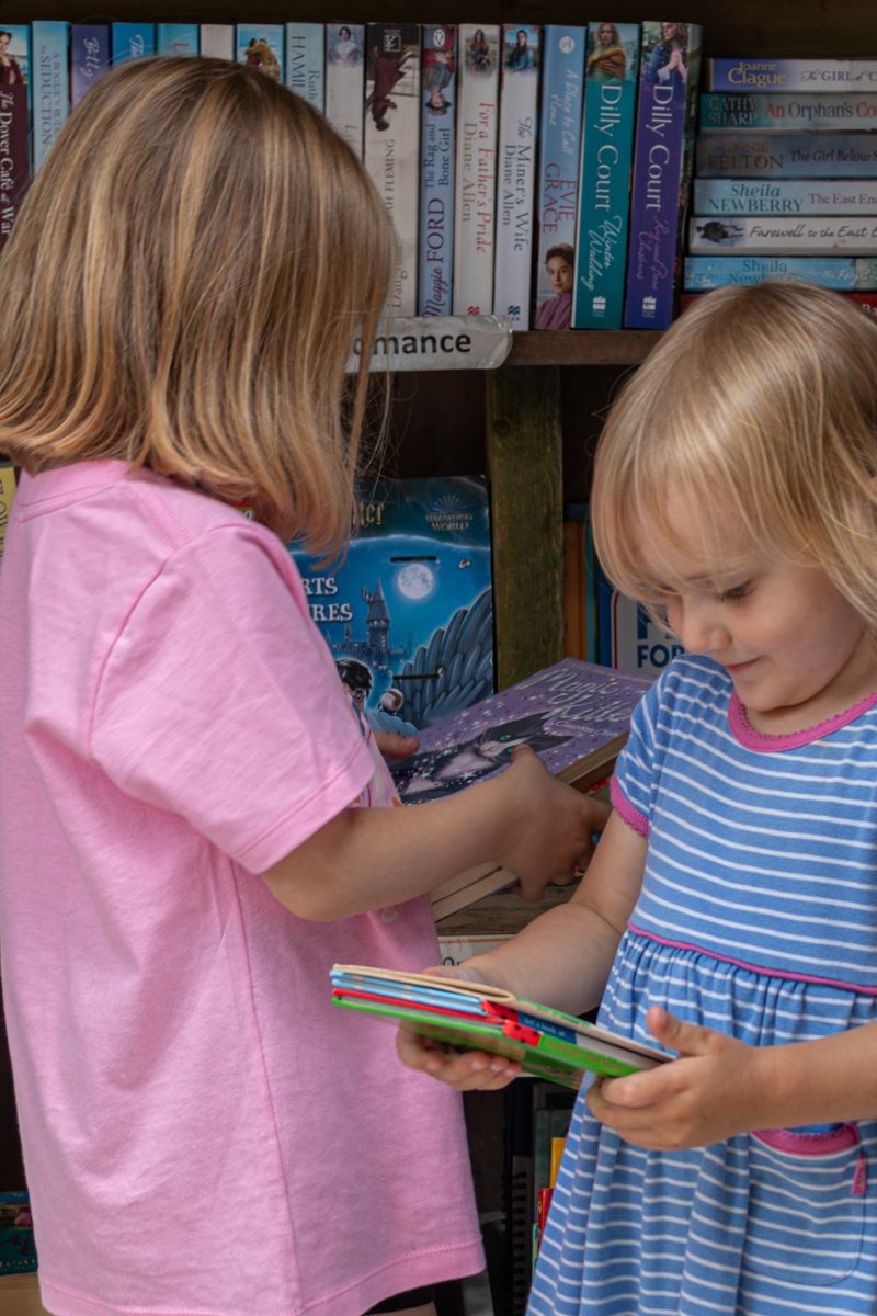 Two little girls, one dressed in pink and one in blue, are looking at the books they have chosen from the village Book Shed.