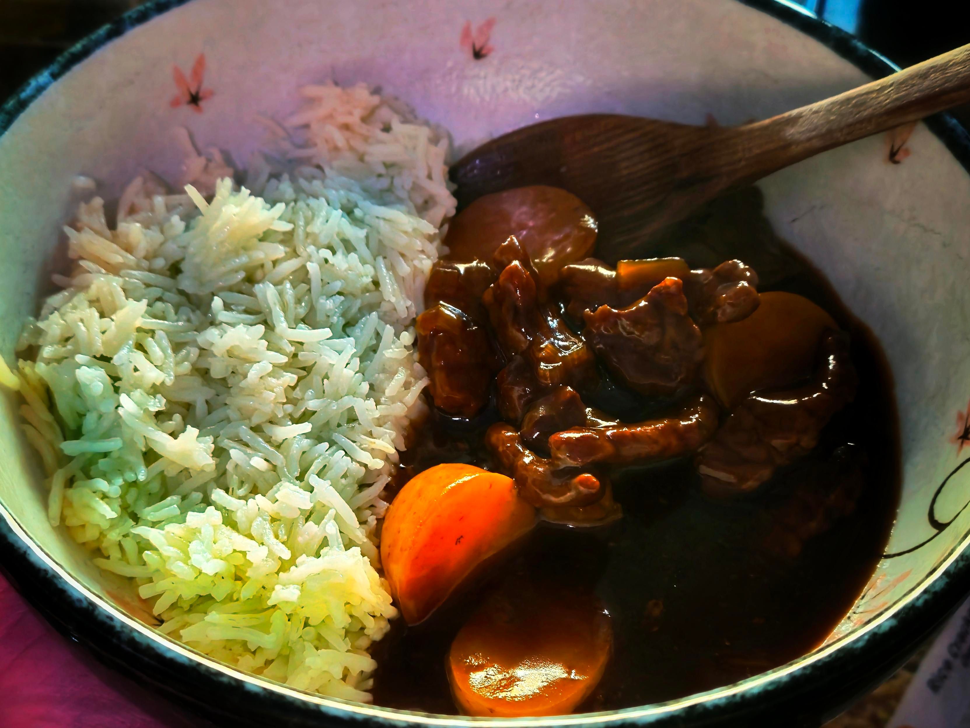 A deep ceramic bowl with delicate floral accents holds a serving of homemade Japanese curry and fluffy basmati rice. The curry is rich and dark, almost glossy, with thin slices of tender beef, soft round slices of potato, and translucent slivers of onion floating in the thick sauce. The rice is neatly placed to the side, its long grains slightly clumped from steam, forming a soft contrast to the dark, aromatic curry. A wooden spoon rests in the bowl, suggesting the dish was just stirred or is ready to be devoured. The whole scene is bathed in warm, golden light, hinting at a cozy meal lovingly simmered for over an hour.