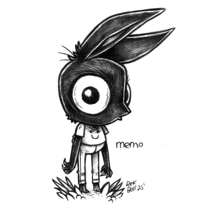 a drawing of a humanoid rabbit named Memo, with dark fur and very large eyes. They are wearing a shirt with a smiley face, and sharp fingers. They are looking straight at the viewer, looking a bit surprised.
