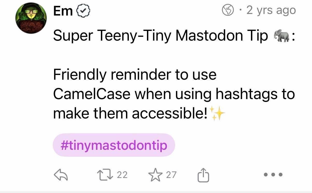 Screenshot of Em's original post complete with hashtag, but the CamelCase has been removed by the app. 