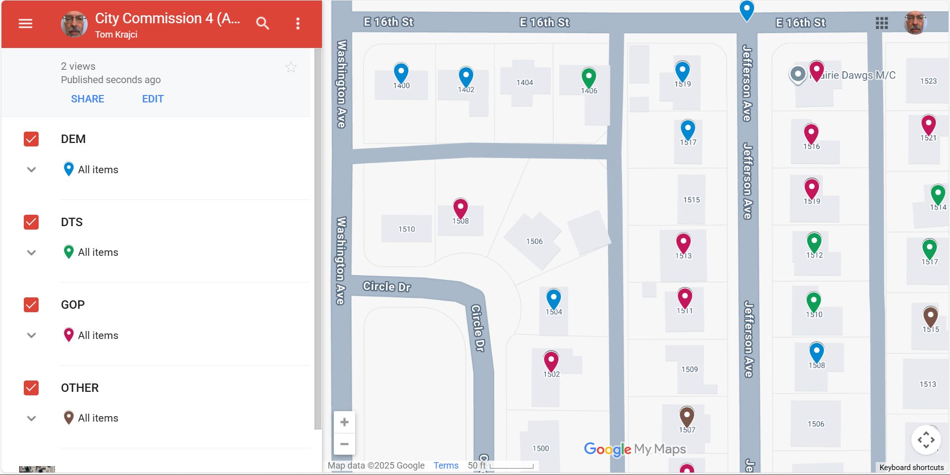Pin map showing registered voters in a residential area. Some houses have no registered voters. Perhaps these are good places to visit when conducting a voter registration drive?