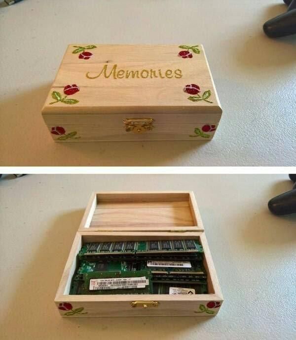 Two photos of a small wooden storage box labeled "Memories". Bottom photo shows that it's computer memory stored in there.