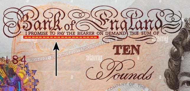 Bank of England 10 pound note with "I promise to pay..." on it