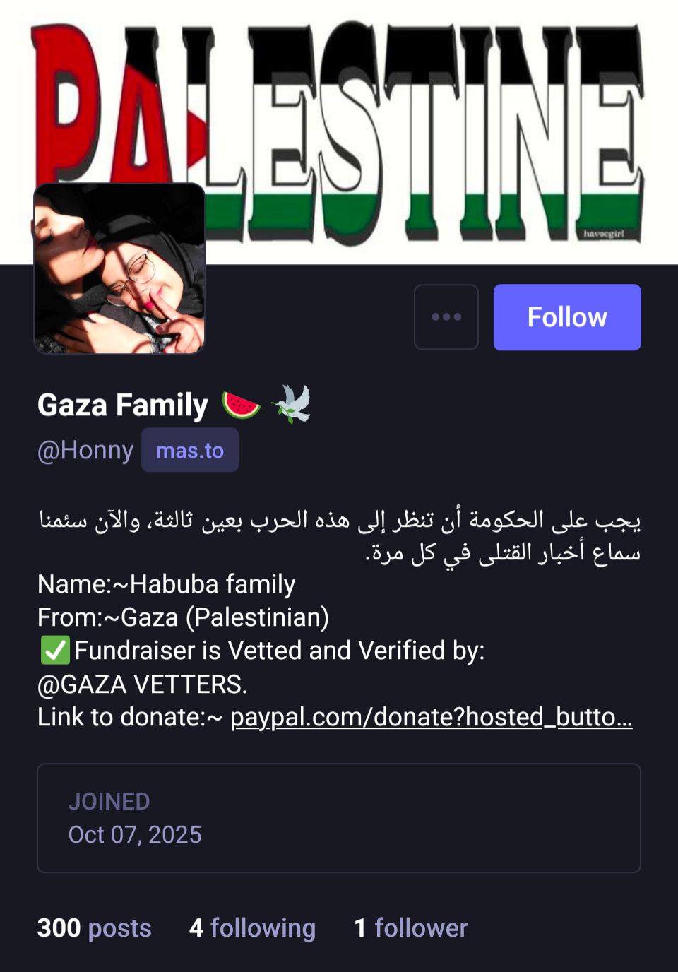 From @Honny@mas.to, display name "Gaza Family 🍉 🕊️":
يجب على الحكومة أن تنظر إلى هذه الحرب بعين ثالثة، والآن سئمنا سماع أخبار القتلى في كل مرة.
Name:~Habuba family
From:~Gaza (Palestinian)
✅️Fundraiser is Vetted and Verified by:
@GAZA VETTERS.
Link to donate:~ [PayPal link]
