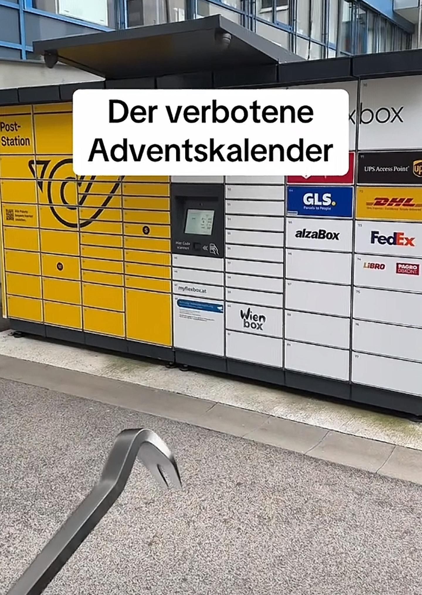 Photo of a parcel locker with a crowbar visible in the frame, caption "Der verbotene Adventskalender" (the forbidden Advent Calendar)