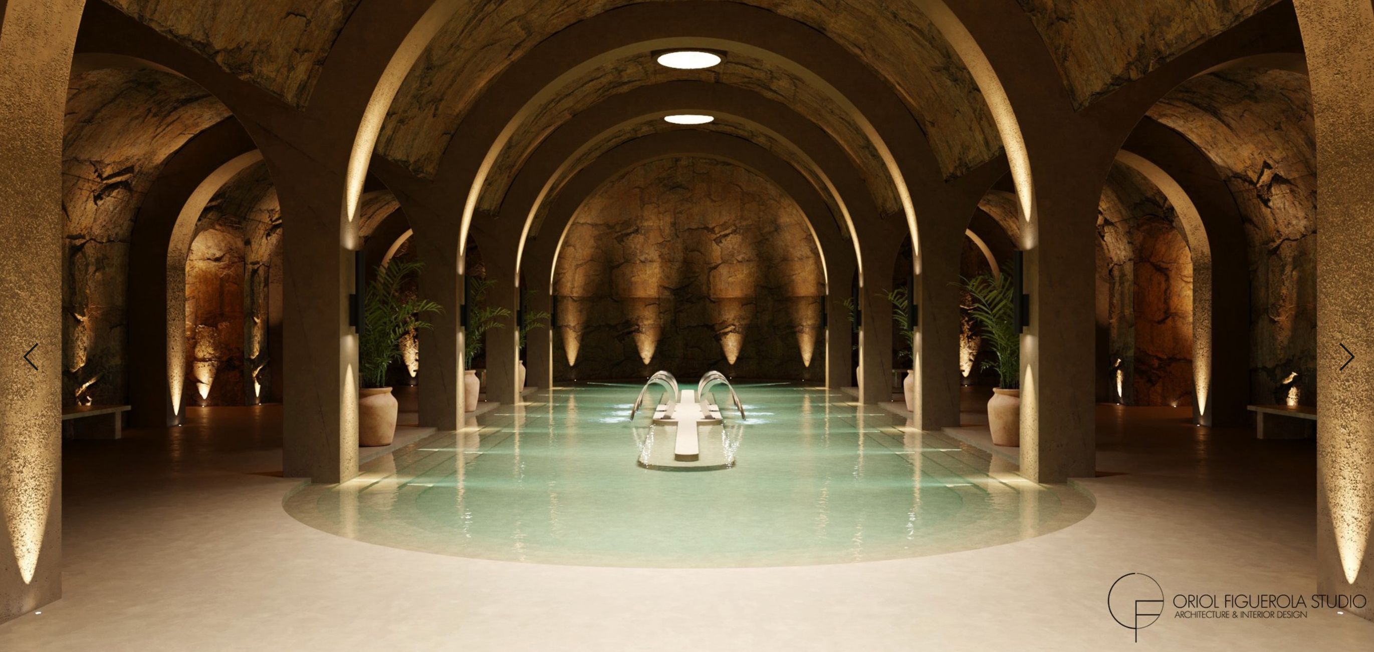 An expansive dark underground room with brown stone arches and creepy lighting. In the middle is a shallow pool with shallow stairs going down into it, with a cross shaped platform in the middle. The whole vibe is like something a cult would enjoy. 
