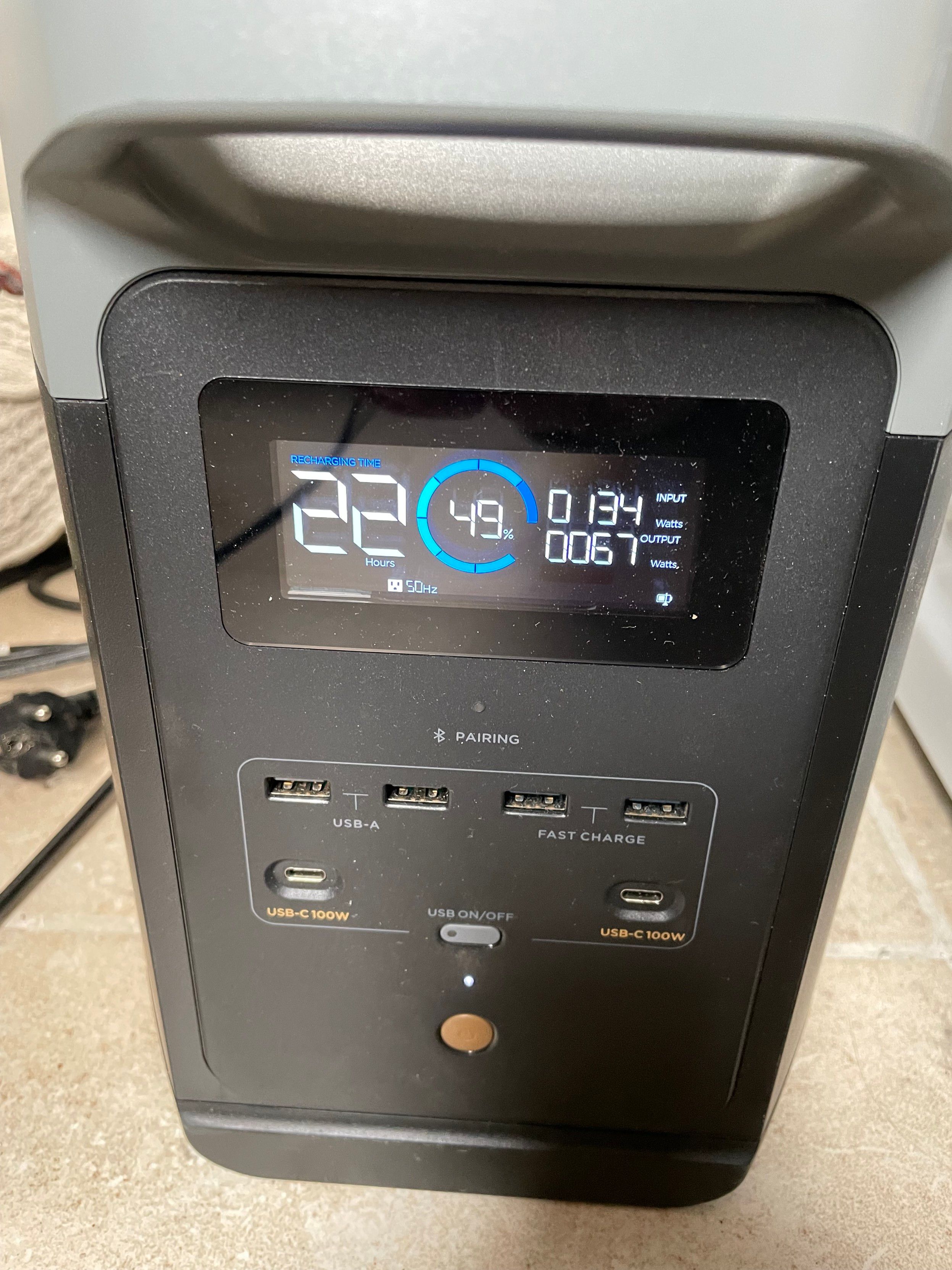 Photo of my solar battery display.
The numbers read:
Recharging time 22 hours
49%
Input 134 watts
Output 67 watts