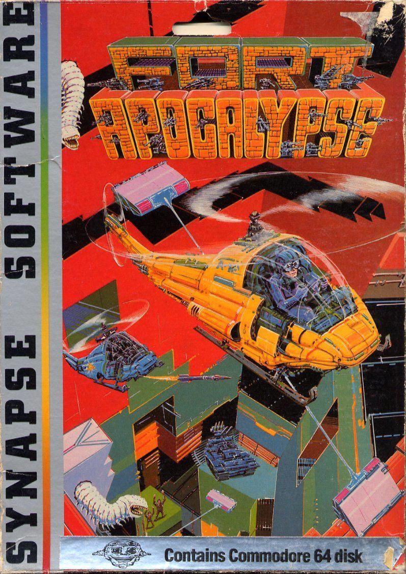 Carátula de Fort Apocalypse, de Synapse Software, para Commodore 64. Muestra una ilustración de un helicóptero siendo acosado por otro helicóptero y otros enemigos, como tanques, lásers y… ¿gusanos gigantes?