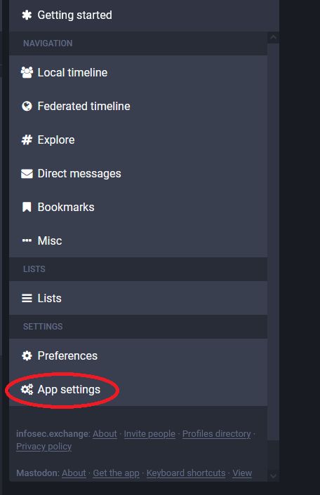 A screenshot of the "getting started" mastodon column.  The "App Settings" option has been circled in red.
