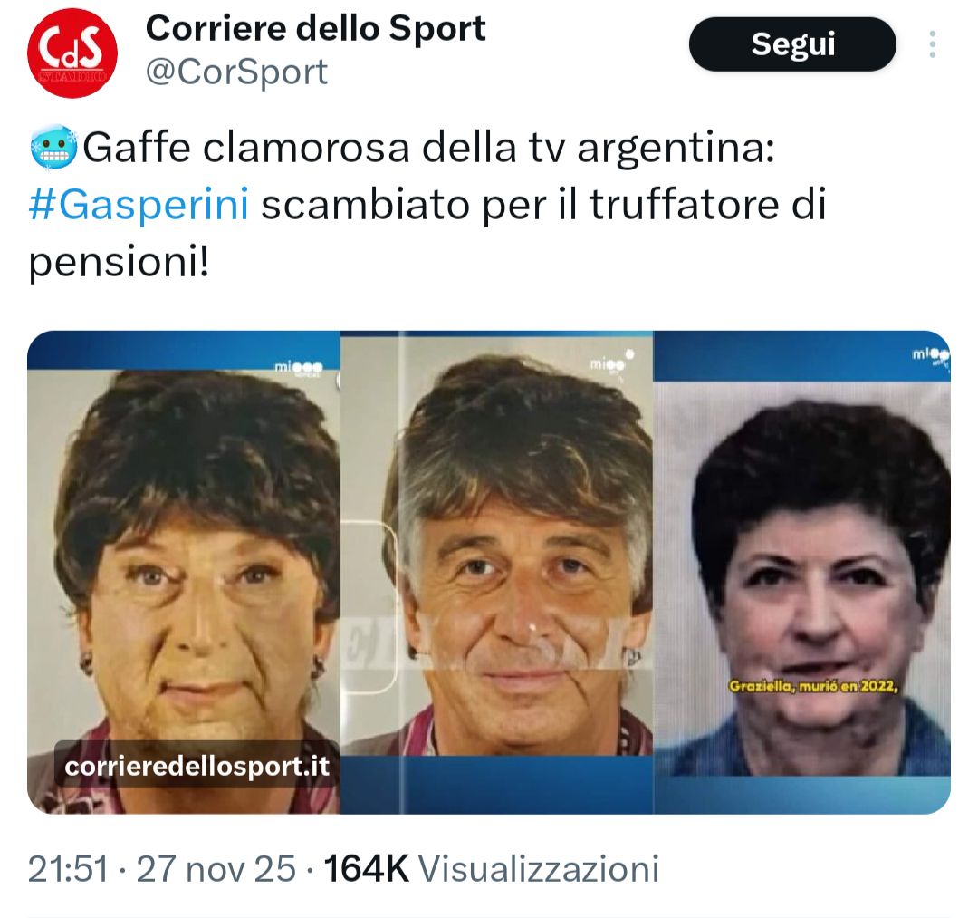 Gaffe clamorosa della tv argentina #Gasperini scambiato per il truffatore di pensioni