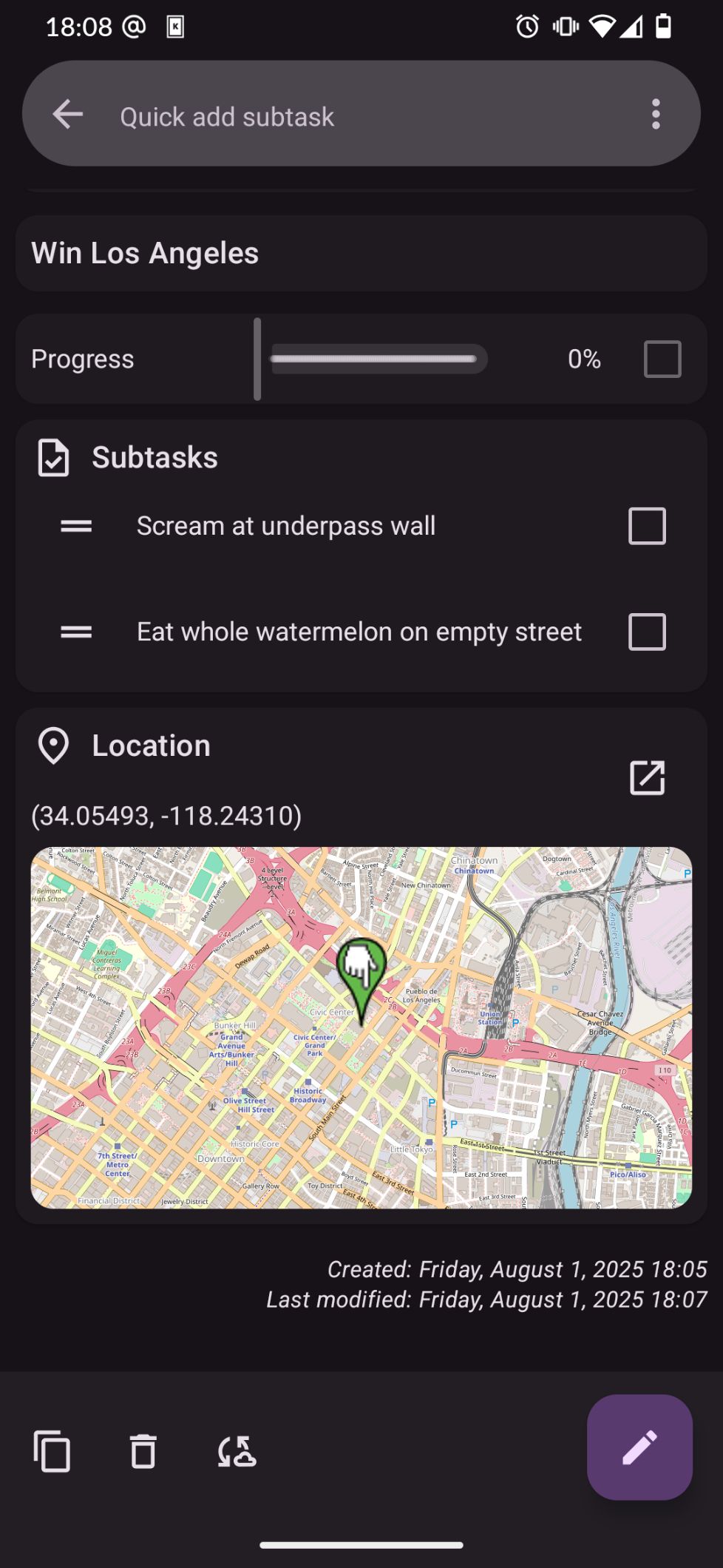 jtx board task list of "Win Los Angeles"
it has two subtasks thus far: scream at underpass wall and eat whole watermelon on empty street
