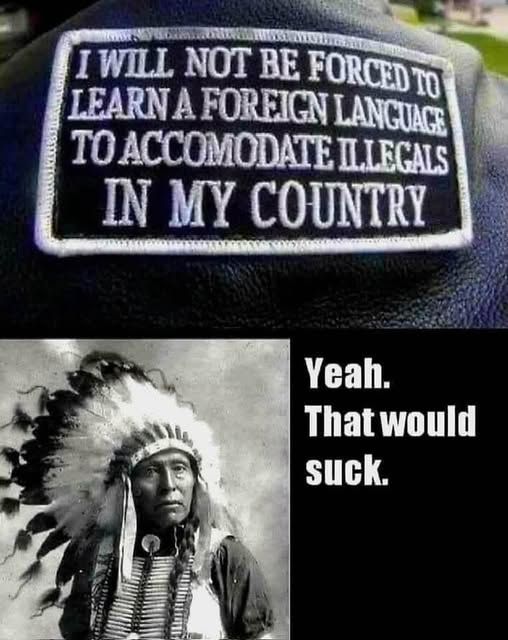 Graphic with 2 parts:
Top - a shirt patch with the text of "I will not learn a foreign language to accomodate illegals in my country." 

Below - a photo of a Native American chief with words saying: "Yeah. That would suck".
