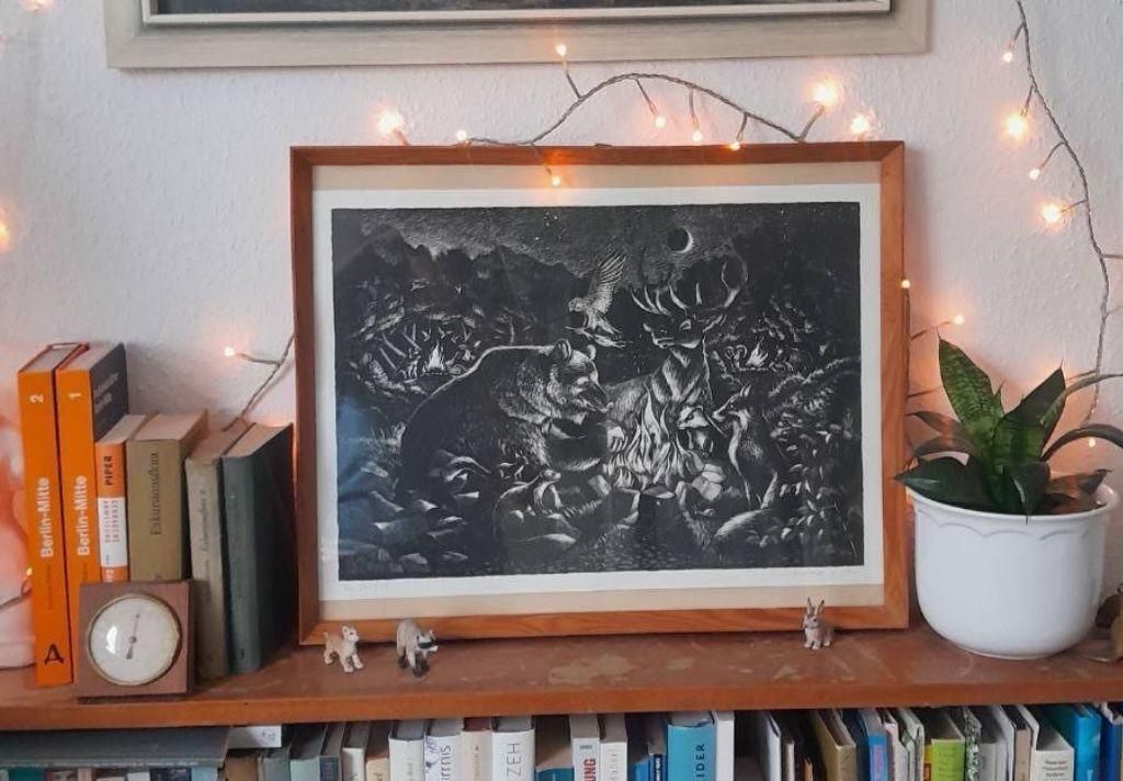 Bonfire silkscreen print on samvie bookshelf 