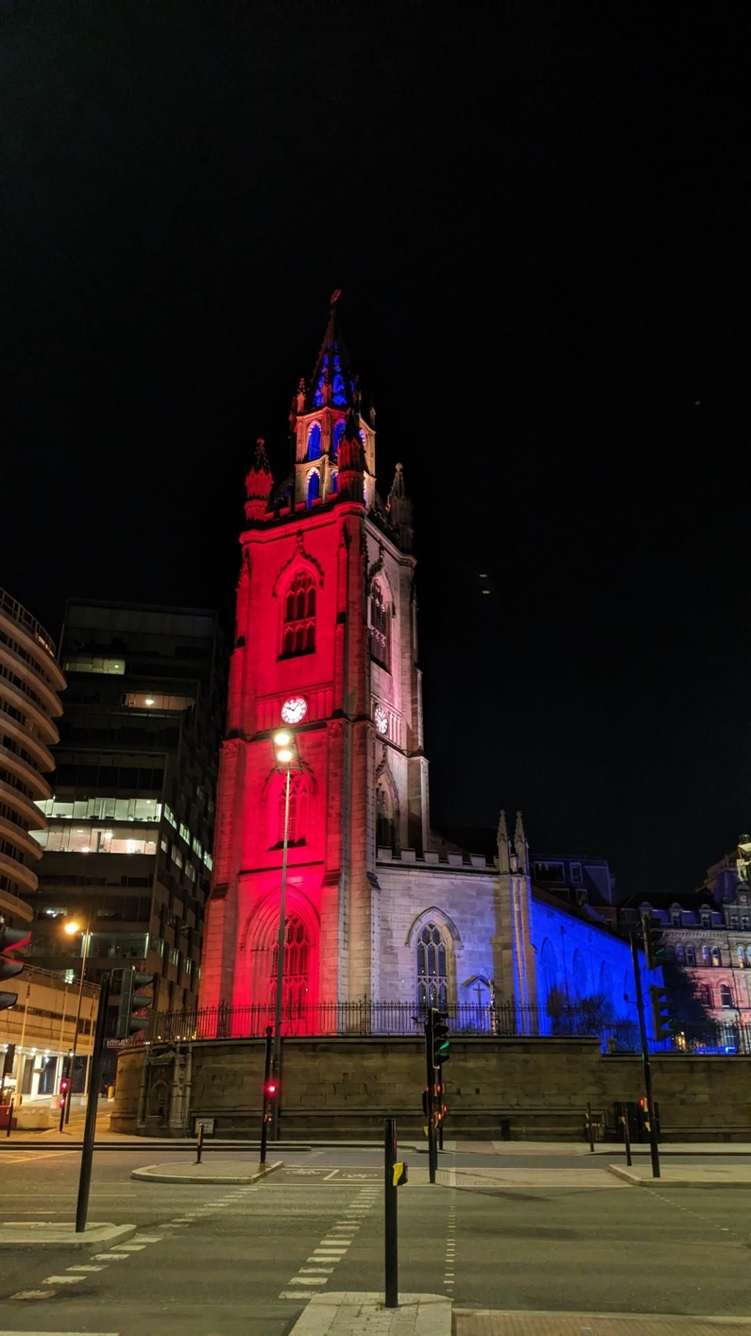 Church at night with red light