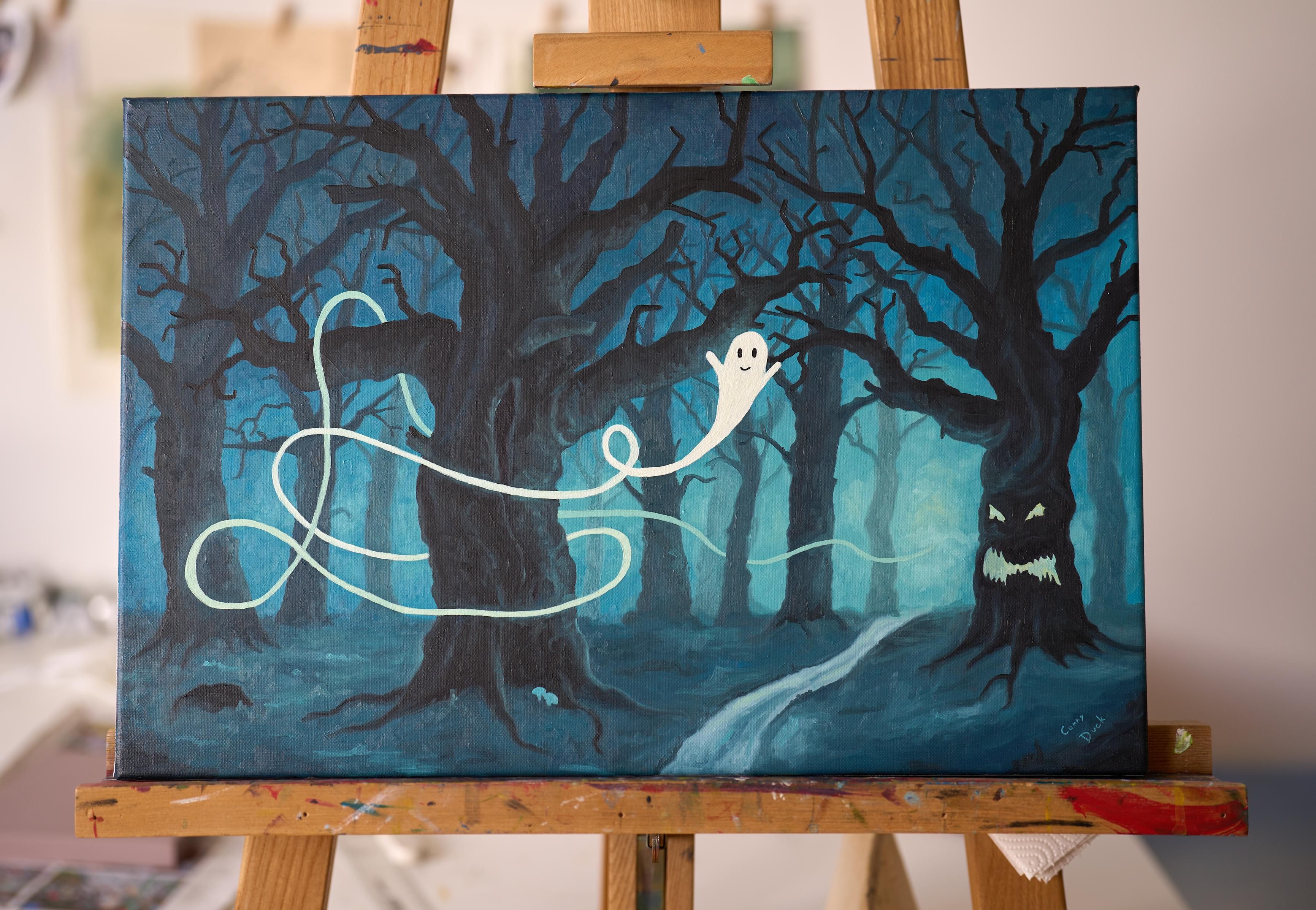 A oilpainting on an easel. It shows a spooky forest with gnarly trees. A ghost with a smiling face is flying around the trees.