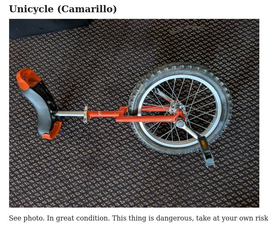 Free unicycle, orange and black, "This thing is dangerous, take at your own risk"