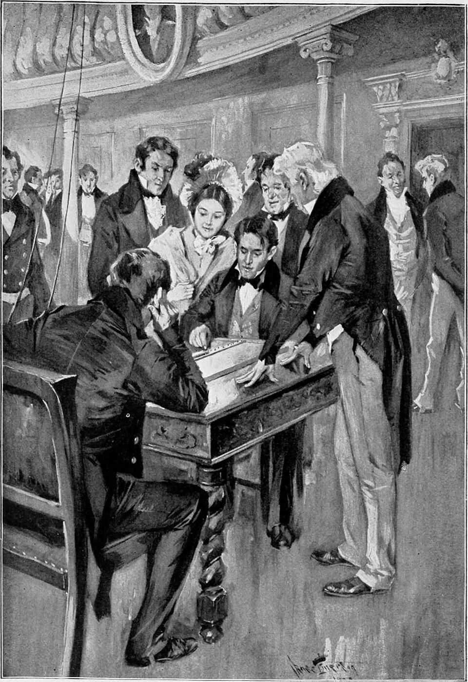 1900 illustration of Professor Morse sending the first long-distance message – "WHAT HATH GOD WROUGHT" – on 24 May 1844.

Seated at the center of the composition is Professor Samuel F.B. Morse himself, operating the telegraph key. 

On the desk before Morse is the telegraph equipment—a wooden box-like device that houses the telegraph key and receiving mechanism.

Standing close beside Morse, leaning in to observe the process, is a young woman in a light-colored dress typical of 1840s fashion. 

Surrounding the central figures is a group of distinguished gentlemen.

https://archive.org/details/storyofnineteent01broo/page/n5/mode/1up