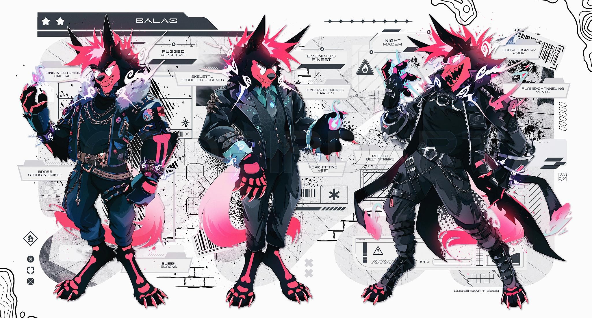 image is a digitally illustrated art piece featuring an anthropomorphic gnoll character three times, each depicting an outfit unique from the others. the first outfit features rough punk attire, including patches and chains. notes beside the outfit, named "rugged resolve", read: "pins and patches galore. brass studs and spikes. sleek slacks". The center outfit is more formal, with a suit vest, tie, and jacket and pants to match. the notes for this outfit, called "Evening's Finest", read: "skeletal shoulder accents. eye-patterned lapels. form-fitting vest". The third outfit is a dark futuristic theme, with glowing red accents and a sleek coat. The notes for this outfit, called "night racer", read: "digital display visor, flame-channeling vents, robust belt straps". 