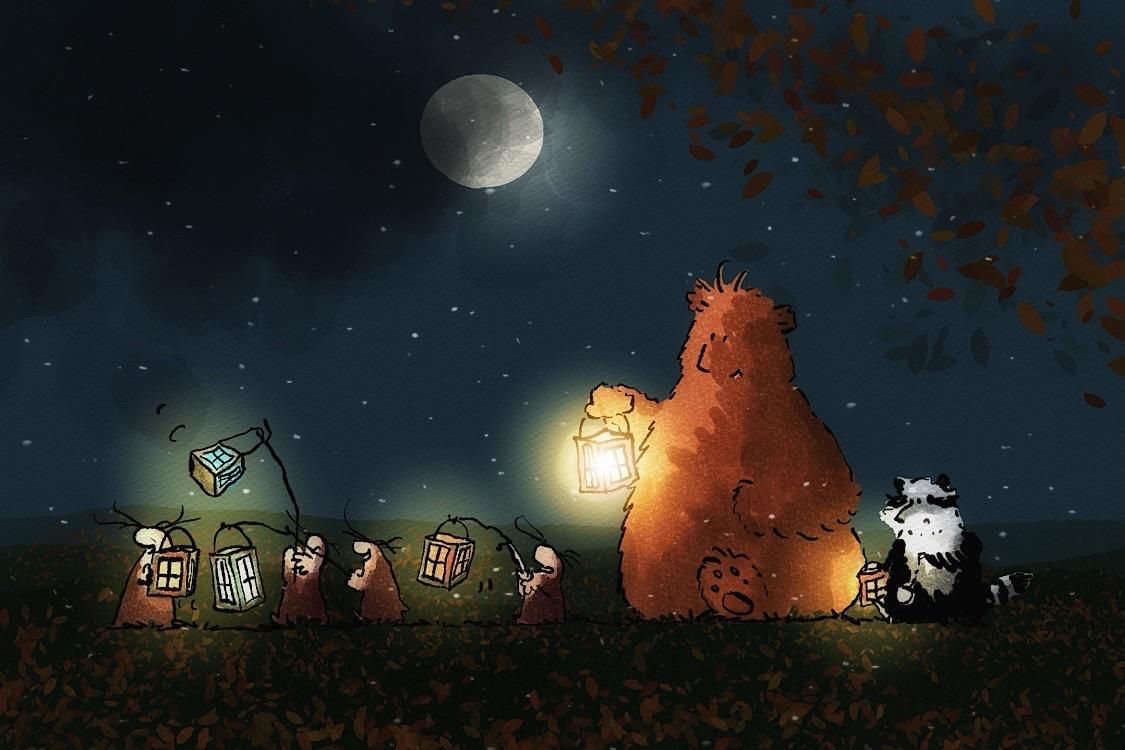 Aquarell von Bär, Waschbär und den MacMoles beim Laternenumzug unterm Vollmond.