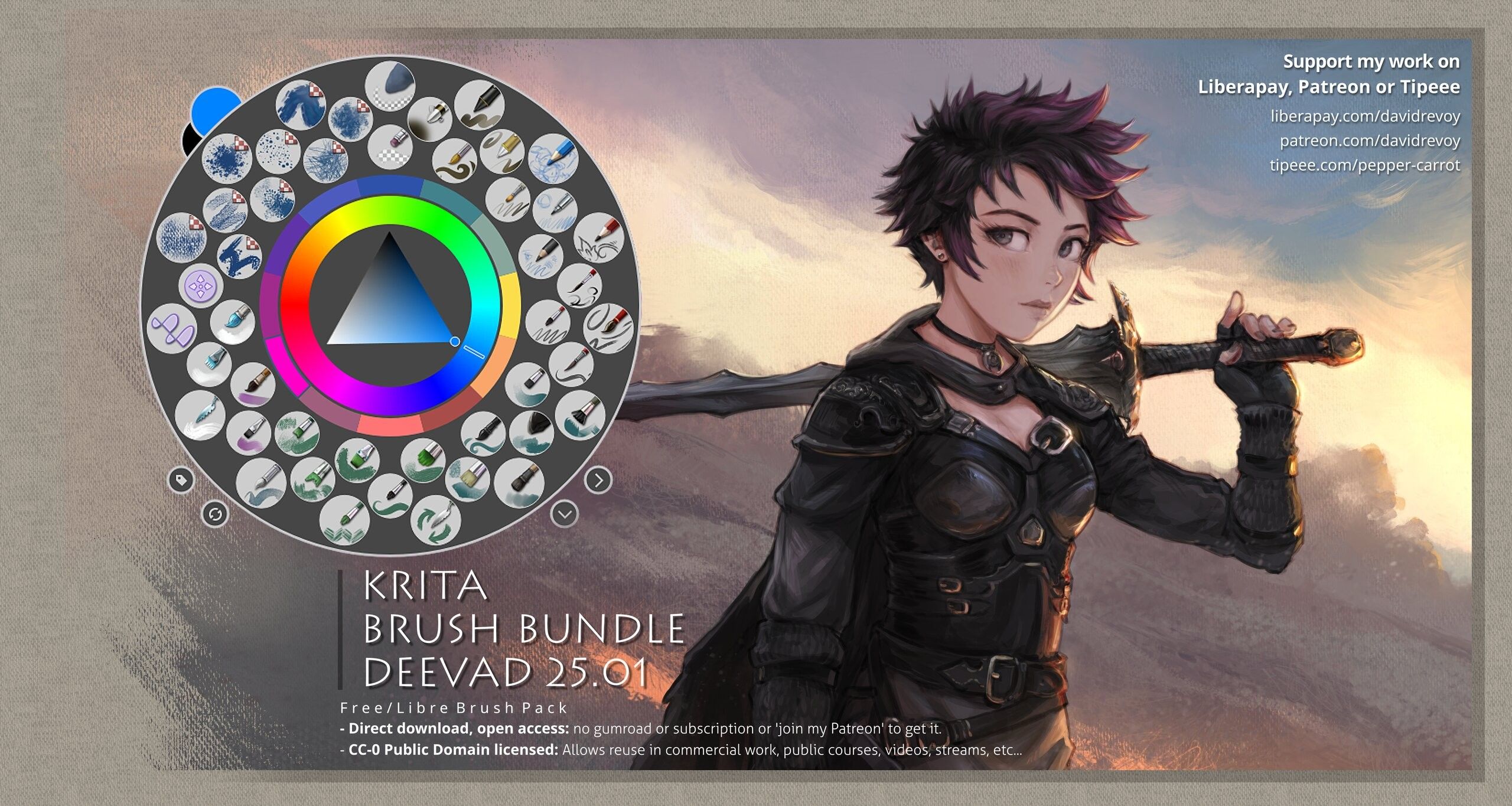 Cover of the brush pack, an illustration showing the brush on the popup palette, and a warrior.