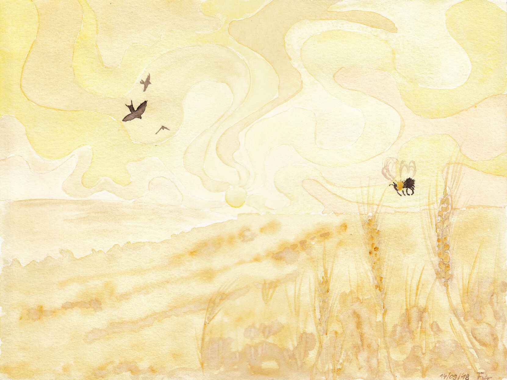 Watercolor painting of fields in yellow. The background shows the shining suns with curvy sun beams. There is a bee and a pair of swallows in the front.