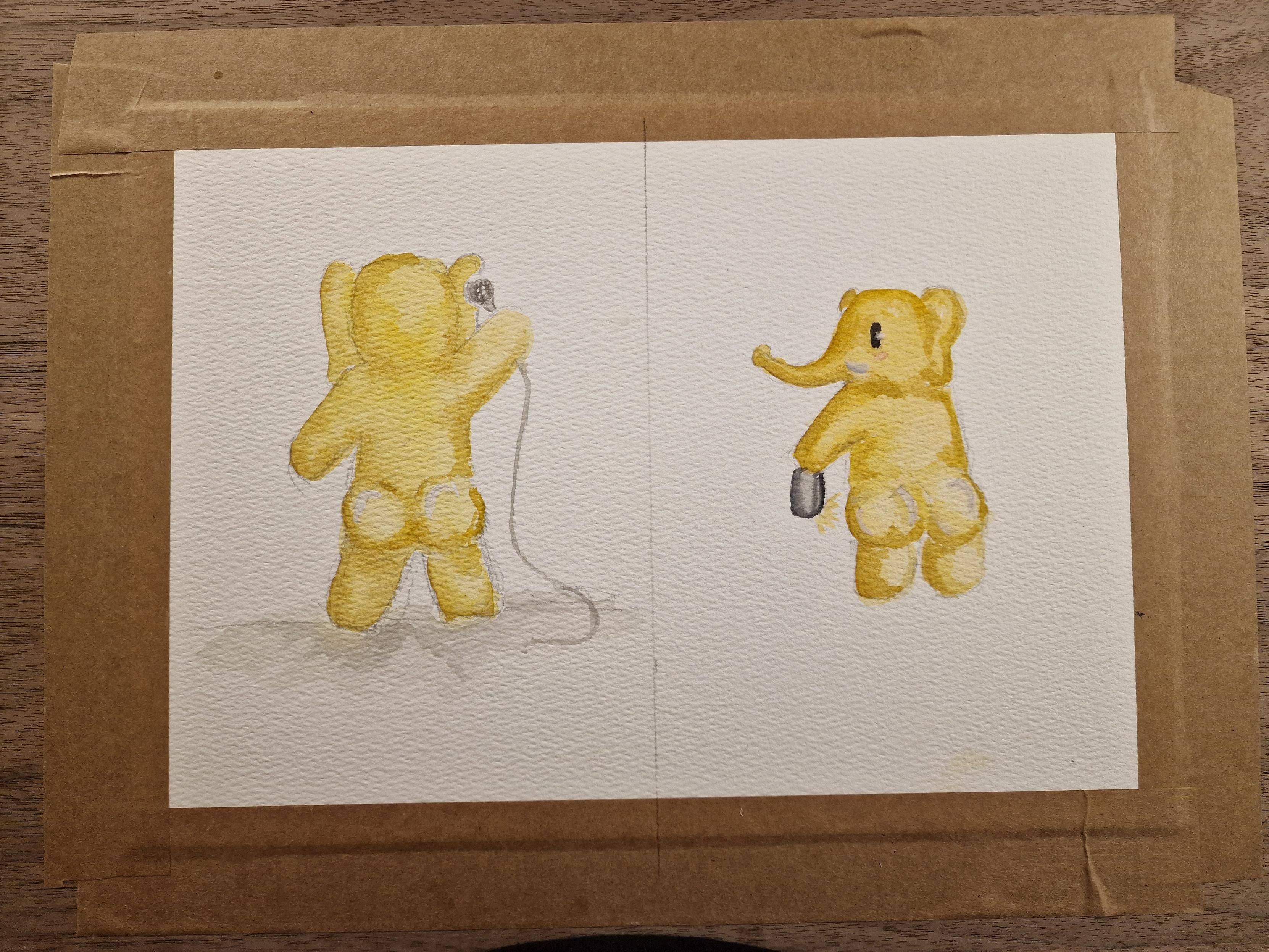 Two paintings of the mastodon elephant. One he's taking a picture of his bum, the other he's triumphantly holding up a mic on a stage