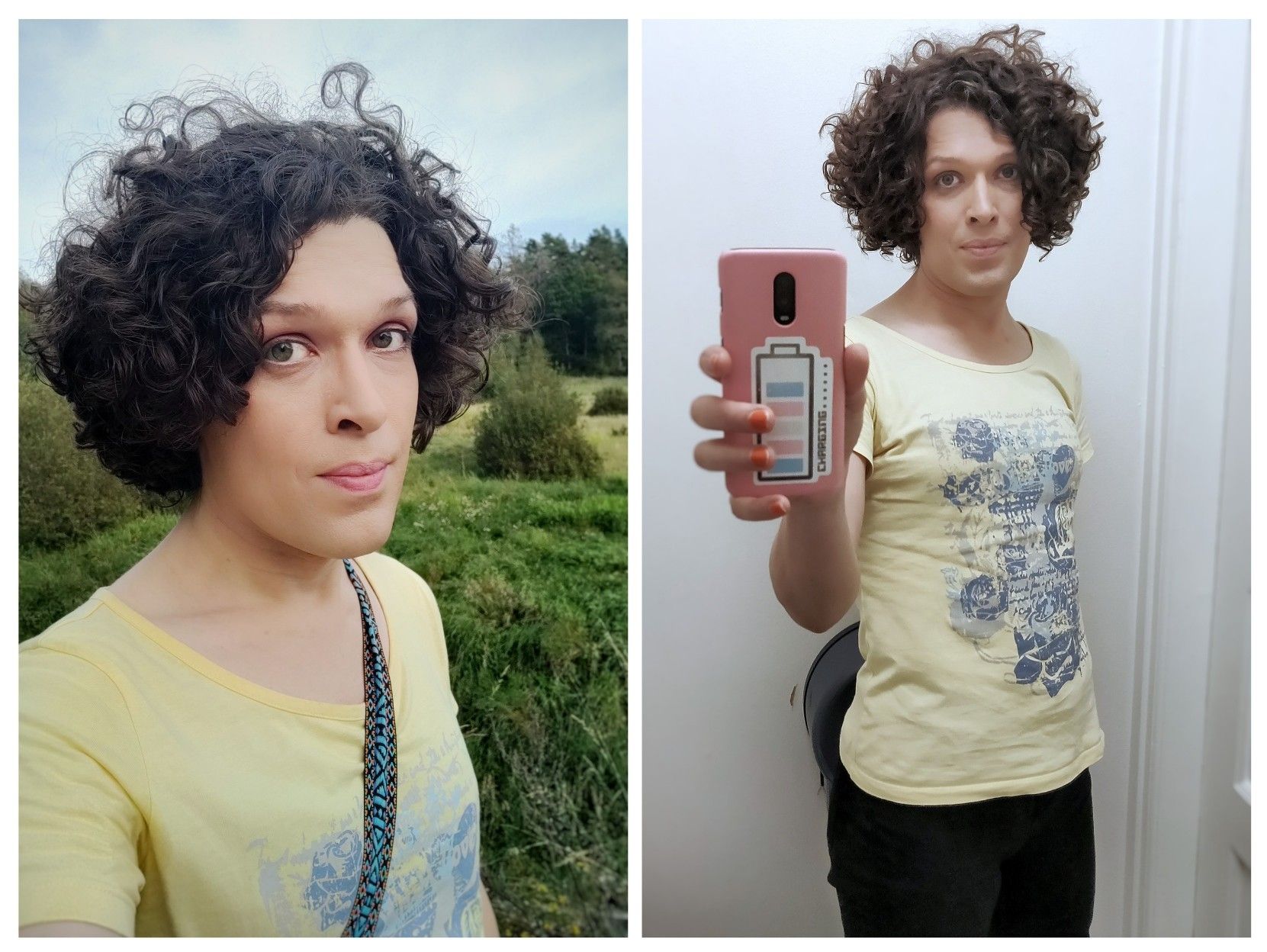 Two selfies of me in a yellow top with a complex blue print. One is taken outside and the other in a bathroom mirror. You can see I have three tiny boobs now.