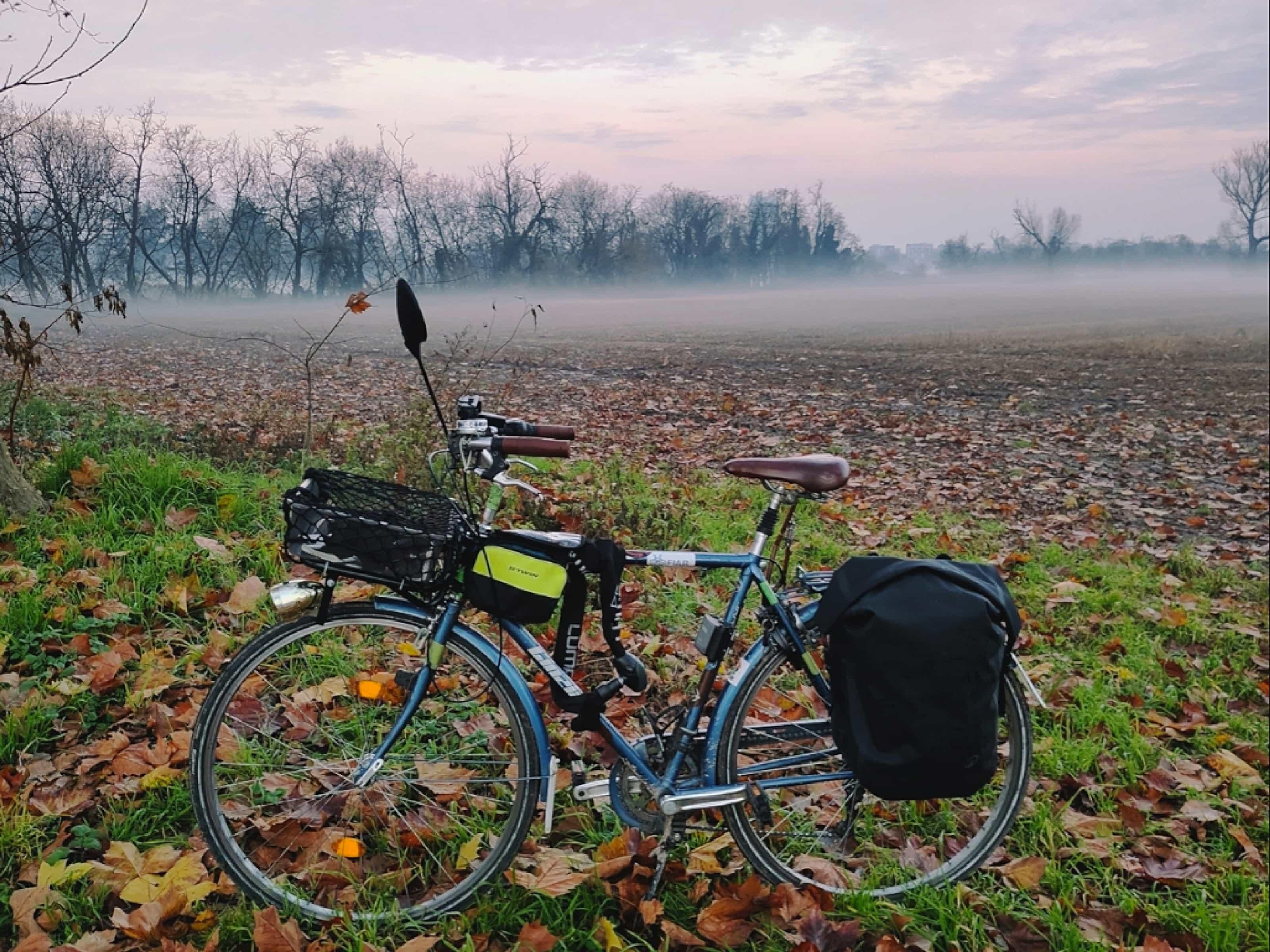 Foto di lato della mia bici blu su un prato con foglie cadute da alberi. Dietro si vede un campo a riposo, in lontananza una nebbiolina mattutina ele sagome grige di alcuni alberi. Il cielo ha ubactinta viola-rosa mattutina invernale