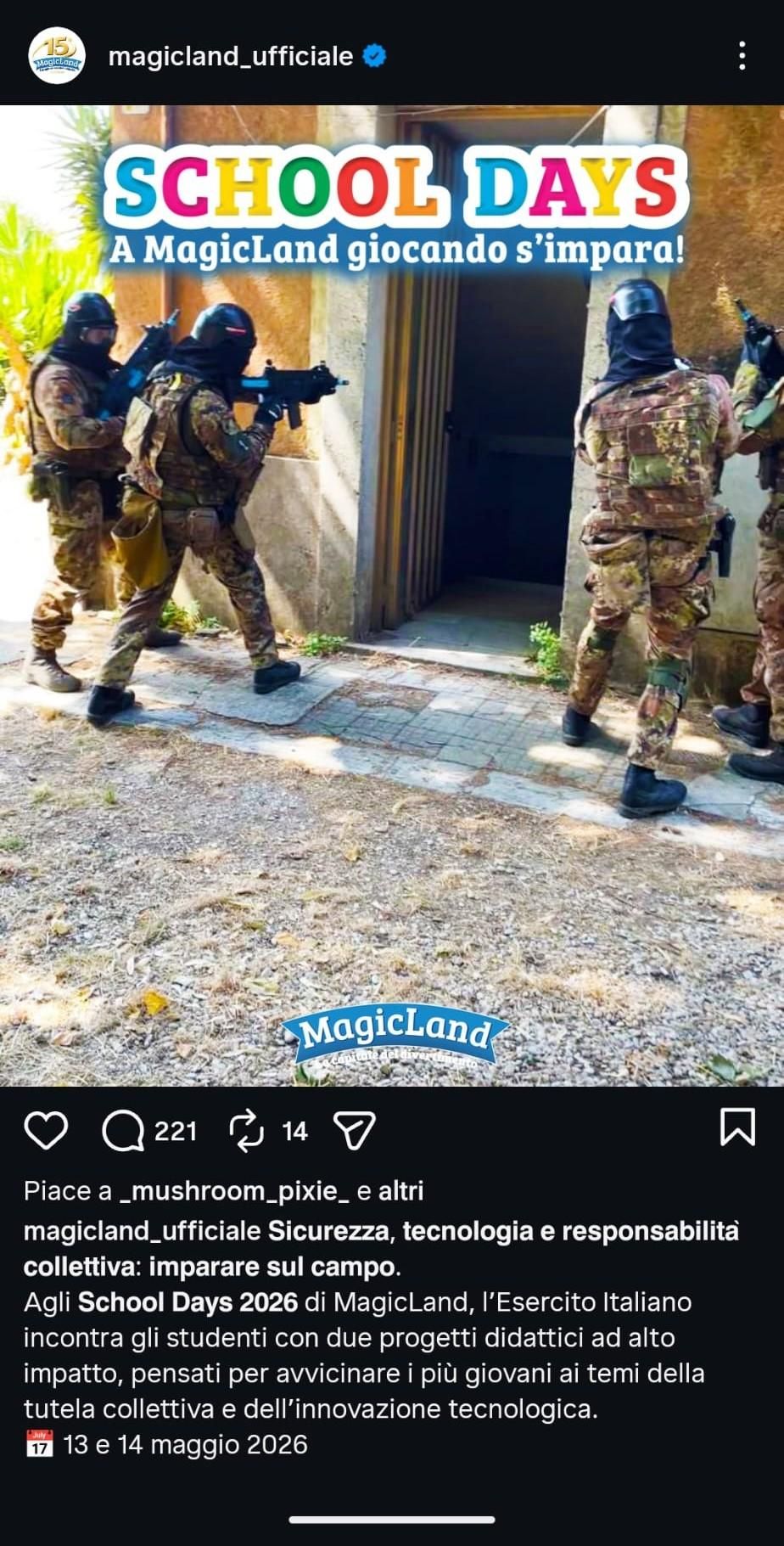 Screenshot di un profilo Instagram che pubblicizza un evento chiamato "school days" durante il quale l'esercito insegna tecniche di assalto agli studenti 