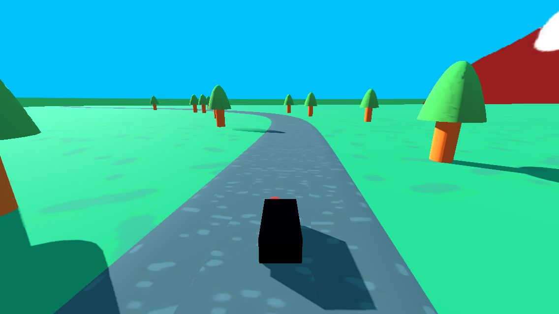 Una schermata del videogioco che sto sviluppando da anni con una lentezza esasperante ma che ora che ho tempo libero magari posso cercare di finire. Si tratta di un pezzo di strada con alberi e montagne, un'auto, tutto quanto crudemente modellato 3D.