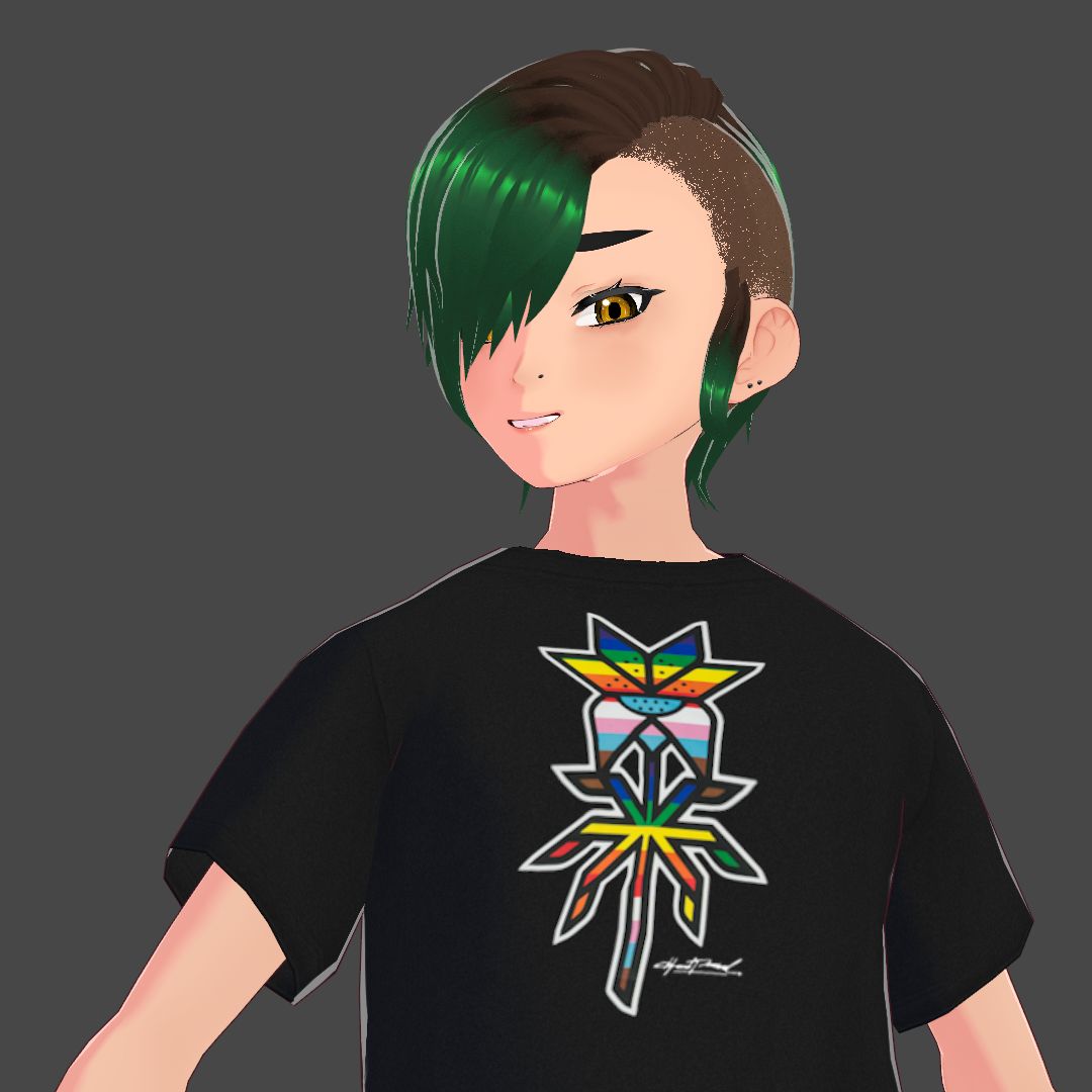 A picture of Roadie smiling for the camera while wearing a black graphic tee shirt. On her shirt is a Western Red Lily, striped with colours from the Progress Pride Flag.