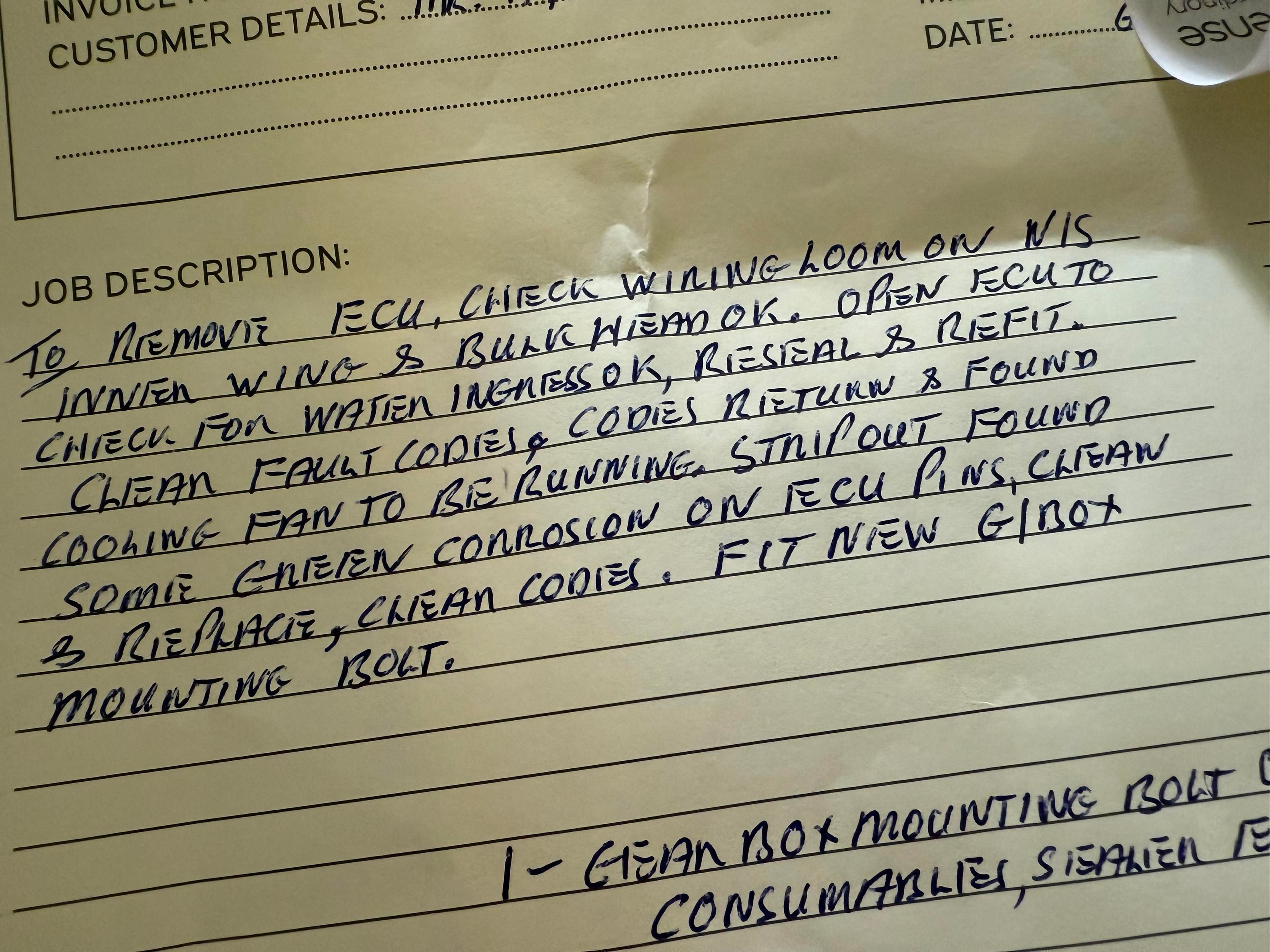 hand written invoice describing work done on van to remove, test, and fix ECU. 