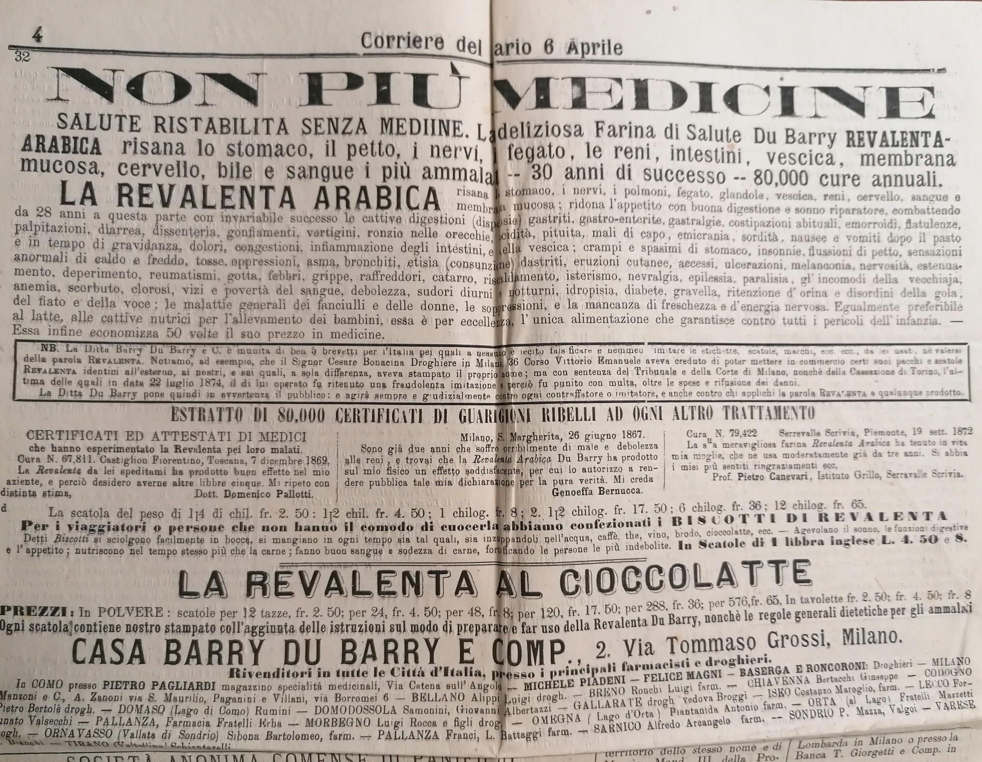 NON PIÙ MEDICINE, la promessa per chi usasse la prodigiosa Farina di Salute Du Barry REVALENTA, i cui benefici occupano l'intera metà superiore della pagina 4 del n. 42 de Corriere del Lario (6 aprile 1876)