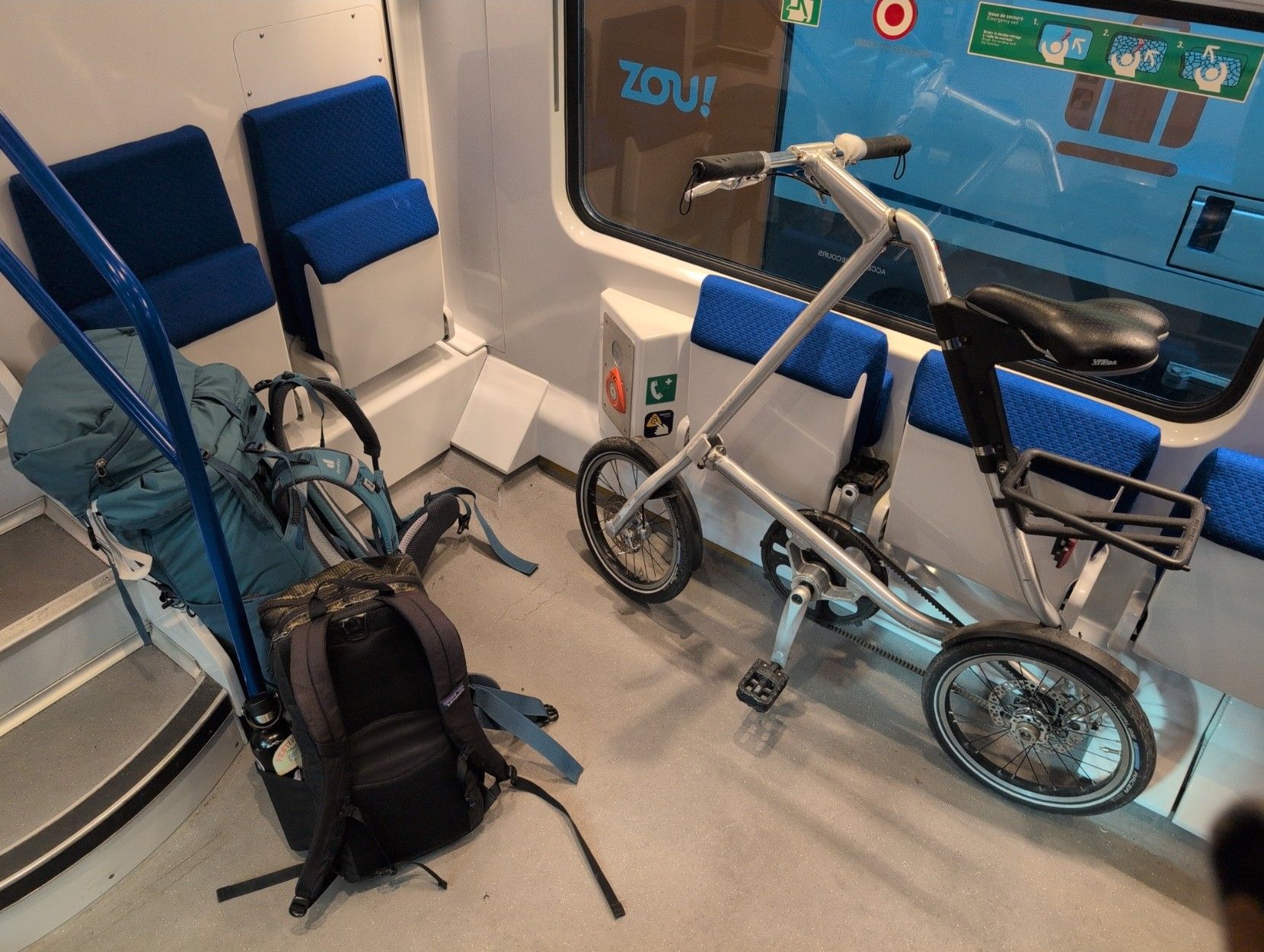 My bike and my backpacks in the train.