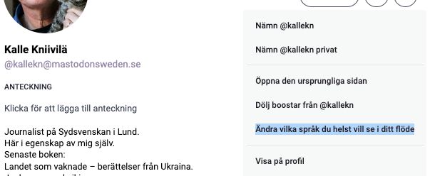 En profilsida på Mastodon (BirdUI). Inställningen "Ändra vilka språk du helst vill se i ditt flöde" är markerad.