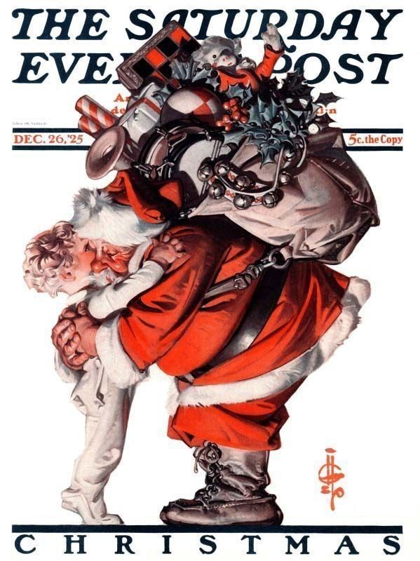 Santa Claus embraces a young child while carrying a large sack of toys on the December 26, 1925 cover of The Saturday Evening Post. Art by J. C. Leyendecker.