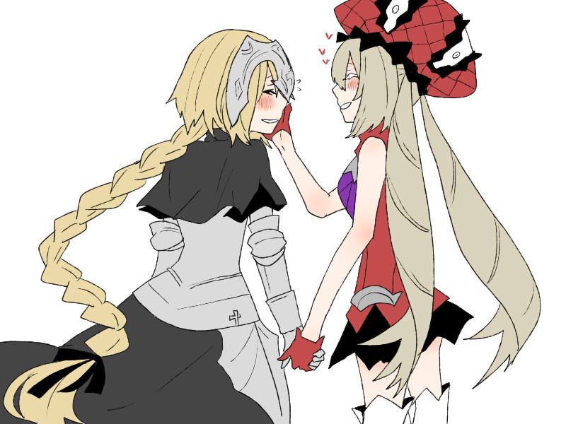 Danbooru tags: 2girls armor armored_dress black_ribbon blonde_hair blush braid closed_eyes commentary_request dress facing_another fate/grand_order fate_(series) flying_sweatdrops gauntlets gloves grin hair_ribbon hand_on_another's_cheek hand_on_another's_face hat headpiece holding_hands jeanne_d'arc_(fate) jeanne_d'arc_(ruler)_(fate) large_hat long_braid long_hair marie_antoinette_(fate) multiple_girls red_dress red_gloves red_hat ribbon single_braid sleeveless sleeveless_dress smile twintails white_background yoichi_(umagoya) yuri